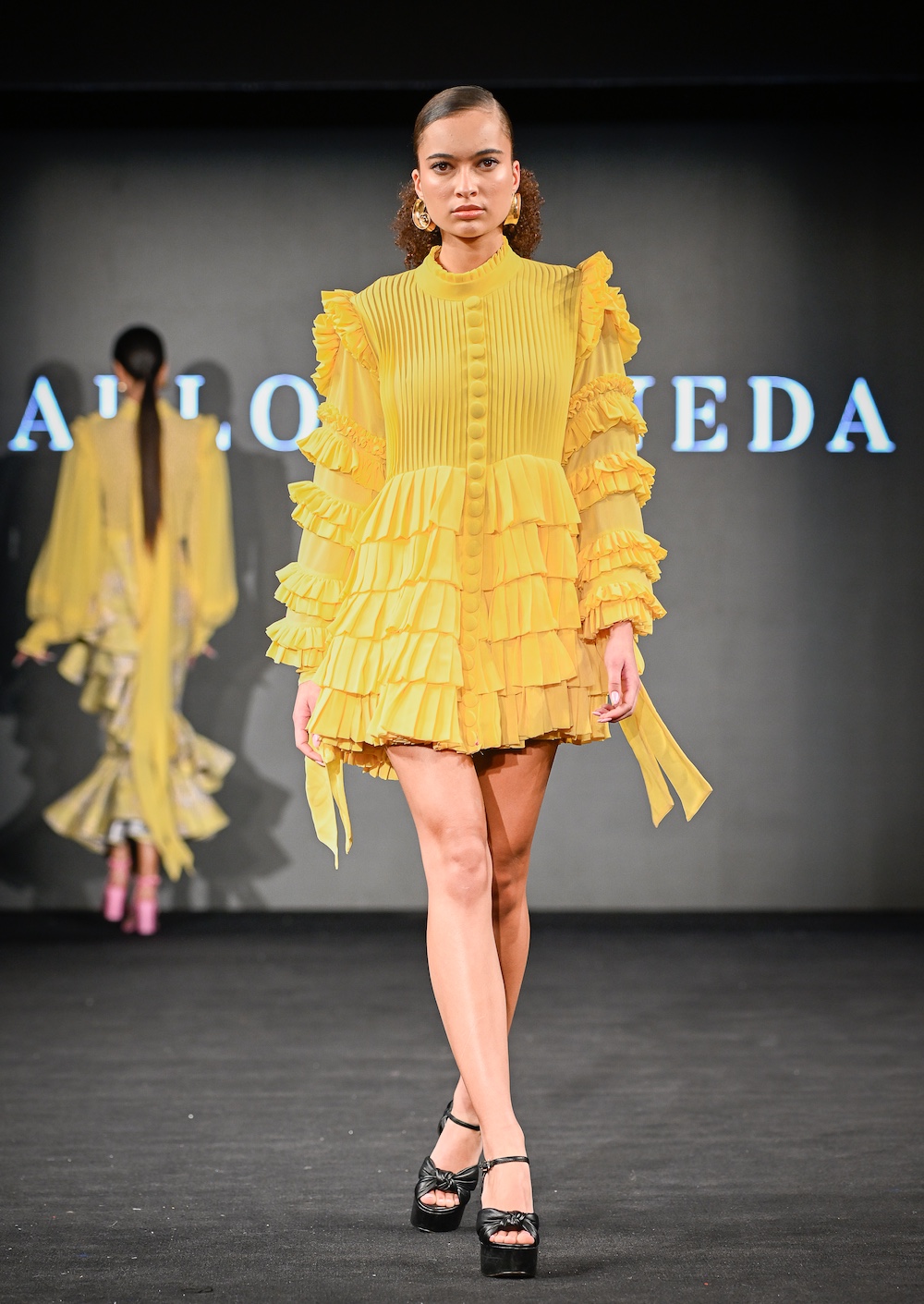 NEW YORK, NEW YORK - FEBRUARY 07: A model walks the runway at the Carlos Pineda show during New York Fashion Week Powered By Art Hearts Fashion at The Angel Orensanz Foundation on February 07, 2025 in New York City. (Photo by Arun Nevader/Getty Images for Art Hearts Fashion)