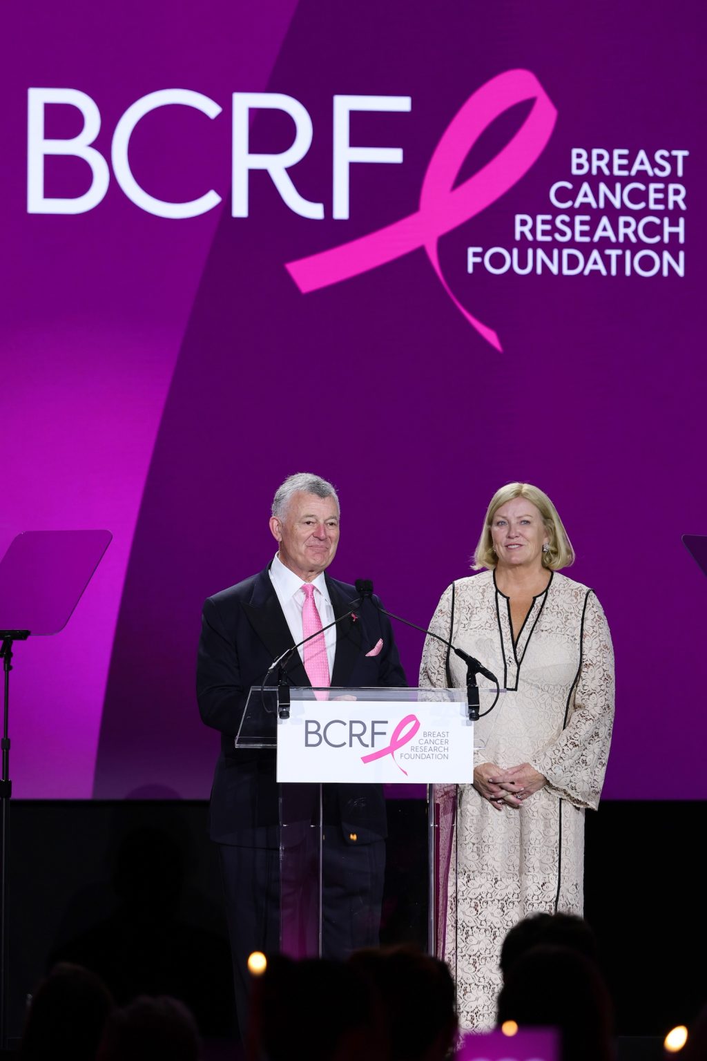 NEW YORK, NEW YORK - MAY 13: William P. Lauder and Karen Hale speak onstage during the Breast Cancer Research Foundation Hot Pink Party 2025 at The Glasshouse on May 13, 2025 in New York City. (Photo by Dimitrios Kambouris/Getty Images for Breast Cancer Research Foundation)