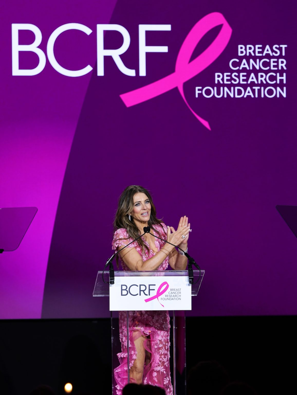 NEW YORK, NEW YORK - MAY 13: Elizabeth Hurley speaks onstage during the Breast Cancer Research Foundation Hot Pink Party 2025 at The Glasshouse on May 13, 2025 in New York City. (Photo by Dimitrios Kambouris/Getty Images for Breast Cancer Research Foundation)