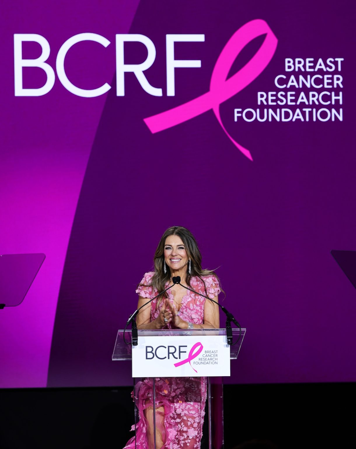 NEW YORK, NEW YORK - MAY 13: Elizabeth Hurley speaks onstage during the Breast Cancer Research Foundation Hot Pink Party 2025 at The Glasshouse on May 13, 2025 in New York City. (Photo by Dimitrios Kambouris/Getty Images for Breast Cancer Research Foundation)
