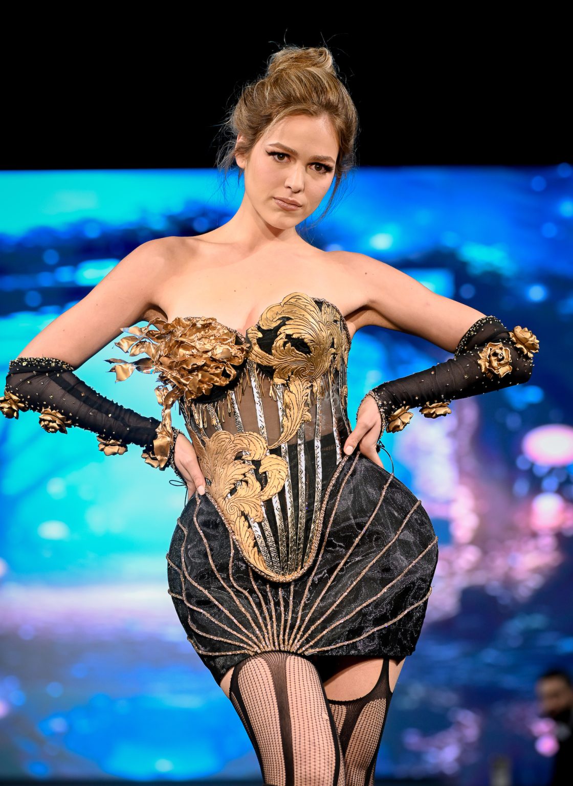 NEW YORK, NEW YORK - FEBRUARY 06: A model walks the runway at the Diana Couture show during New York Fashion Week Powered By Art Hearts Fashion at The Angel Orensanz Foundation on February 06, 2025 in New York City. (Photo by Arun Nevader/Getty Images for Art Hearts Fashion)