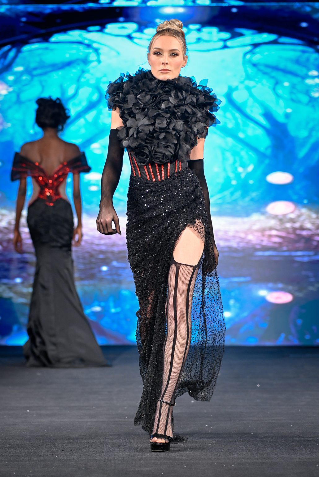 NEW YORK, NEW YORK - FEBRUARY 06: A model walks the runway at the Diana Couture show during New York Fashion Week Powered By Art Hearts Fashion at The Angel Orensanz Foundation on February 06, 2025 in New York City. (Photo by Arun Nevader/Getty Images for Art Hearts Fashion)