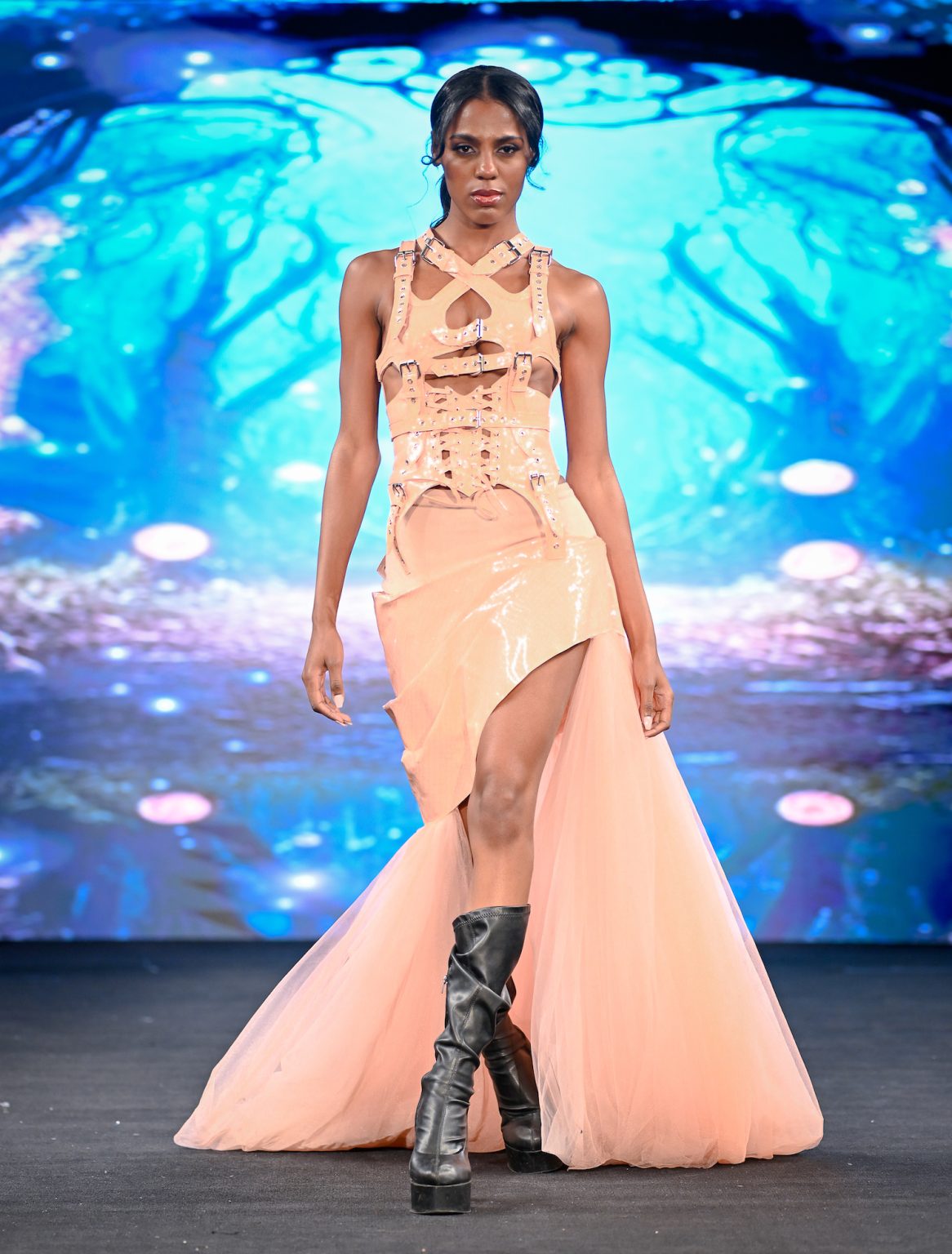NEW YORK, NEW YORK - FEBRUARY 06: A model walks the runway at the Diana Couture show during New York Fashion Week Powered By Art Hearts Fashion at The Angel Orensanz Foundation on February 06, 2025 in New York City. (Photo by Arun Nevader/Getty Images for Art Hearts Fashion)