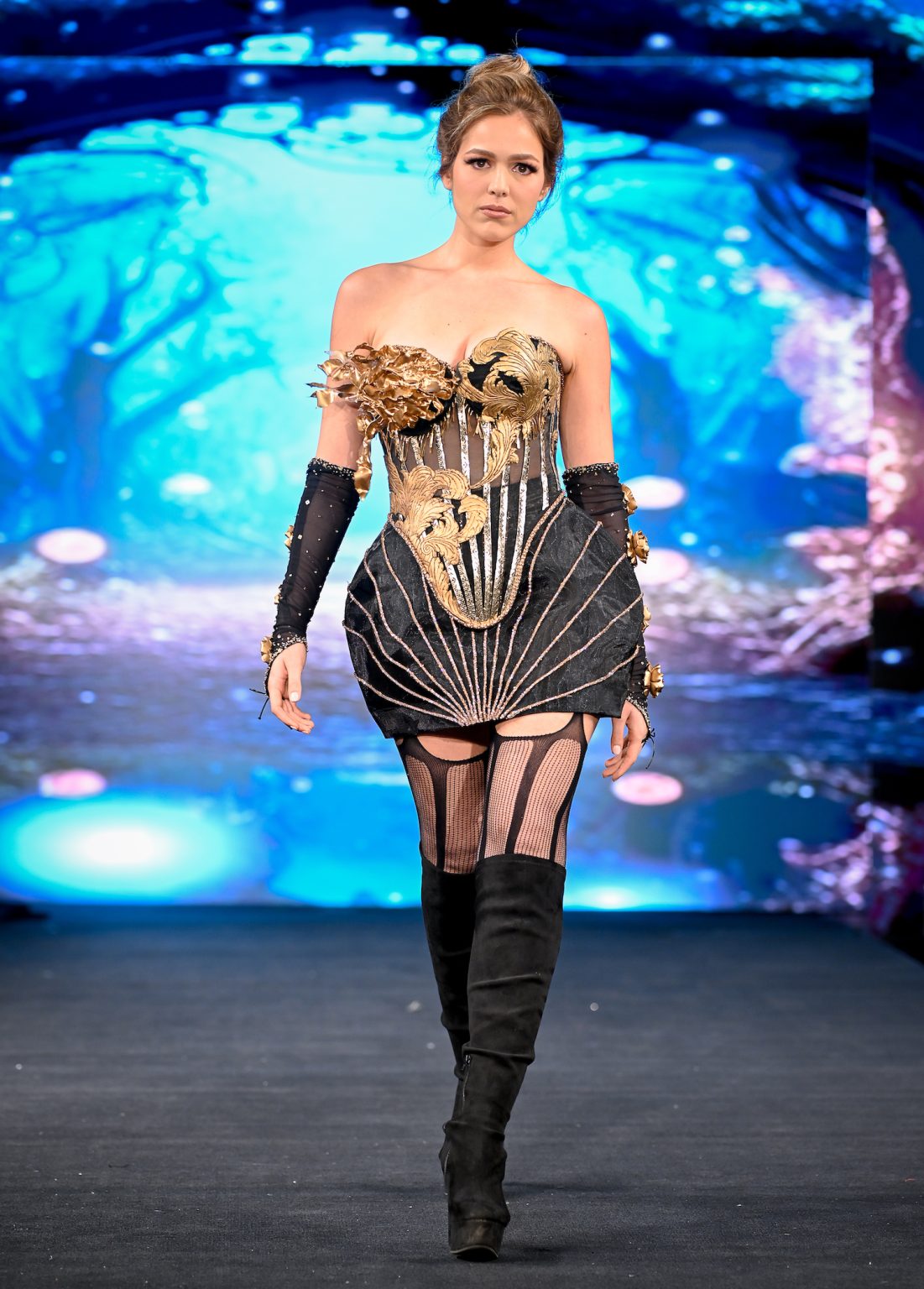 NEW YORK, NEW YORK - FEBRUARY 06: A model walks the runway at the Diana Couture show during New York Fashion Week Powered By Art Hearts Fashion at The Angel Orensanz Foundation on February 06, 2025 in New York City. (Photo by Arun Nevader/Getty Images for Art Hearts Fashion)