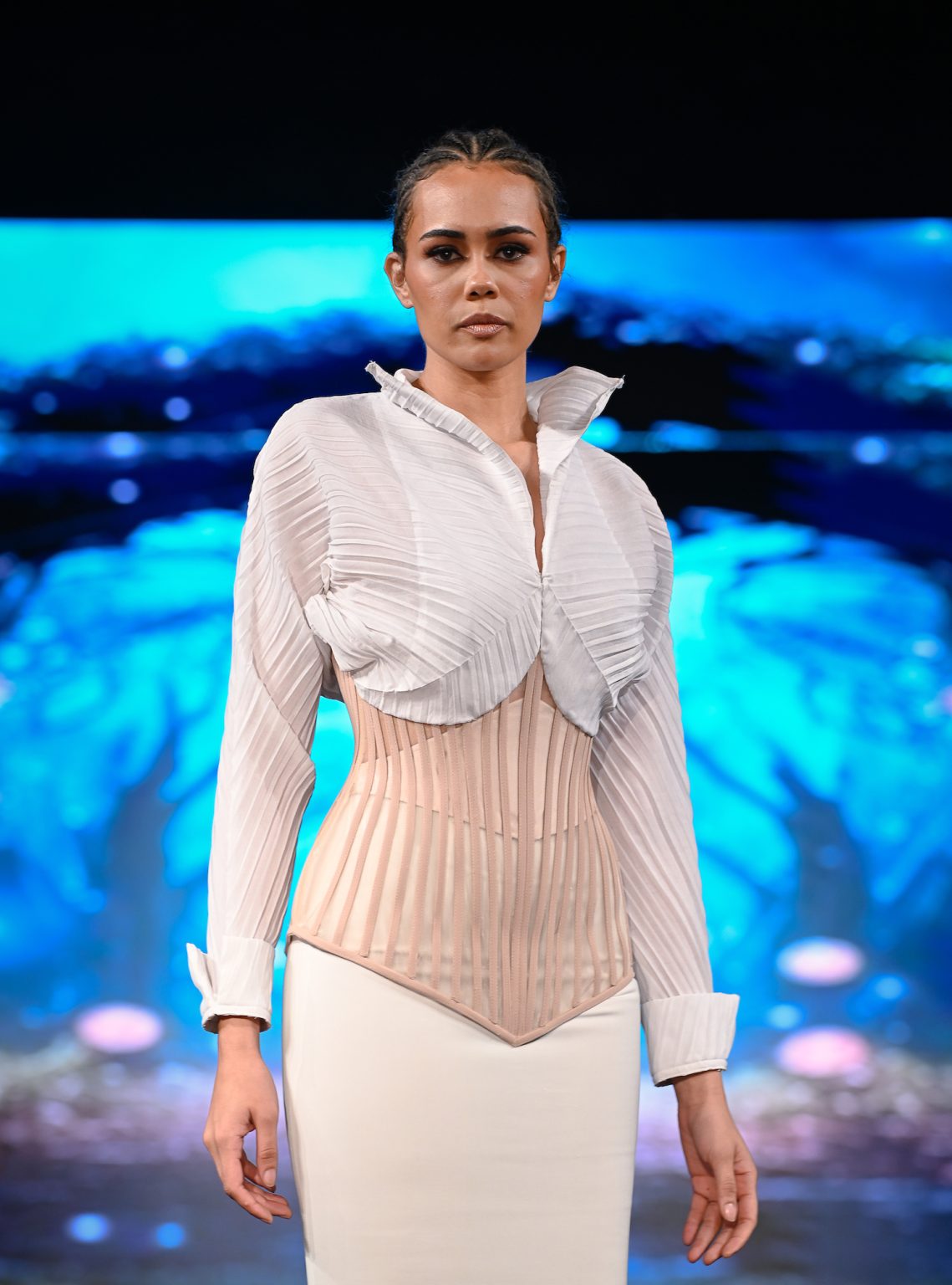 NEW YORK, NEW YORK - FEBRUARY 06: A model walks the runway at the Diana Couture show during New York Fashion Week Powered By Art Hearts Fashion at The Angel Orensanz Foundation on February 06, 2025 in New York City. (Photo by Arun Nevader/Getty Images for Art Hearts Fashion)