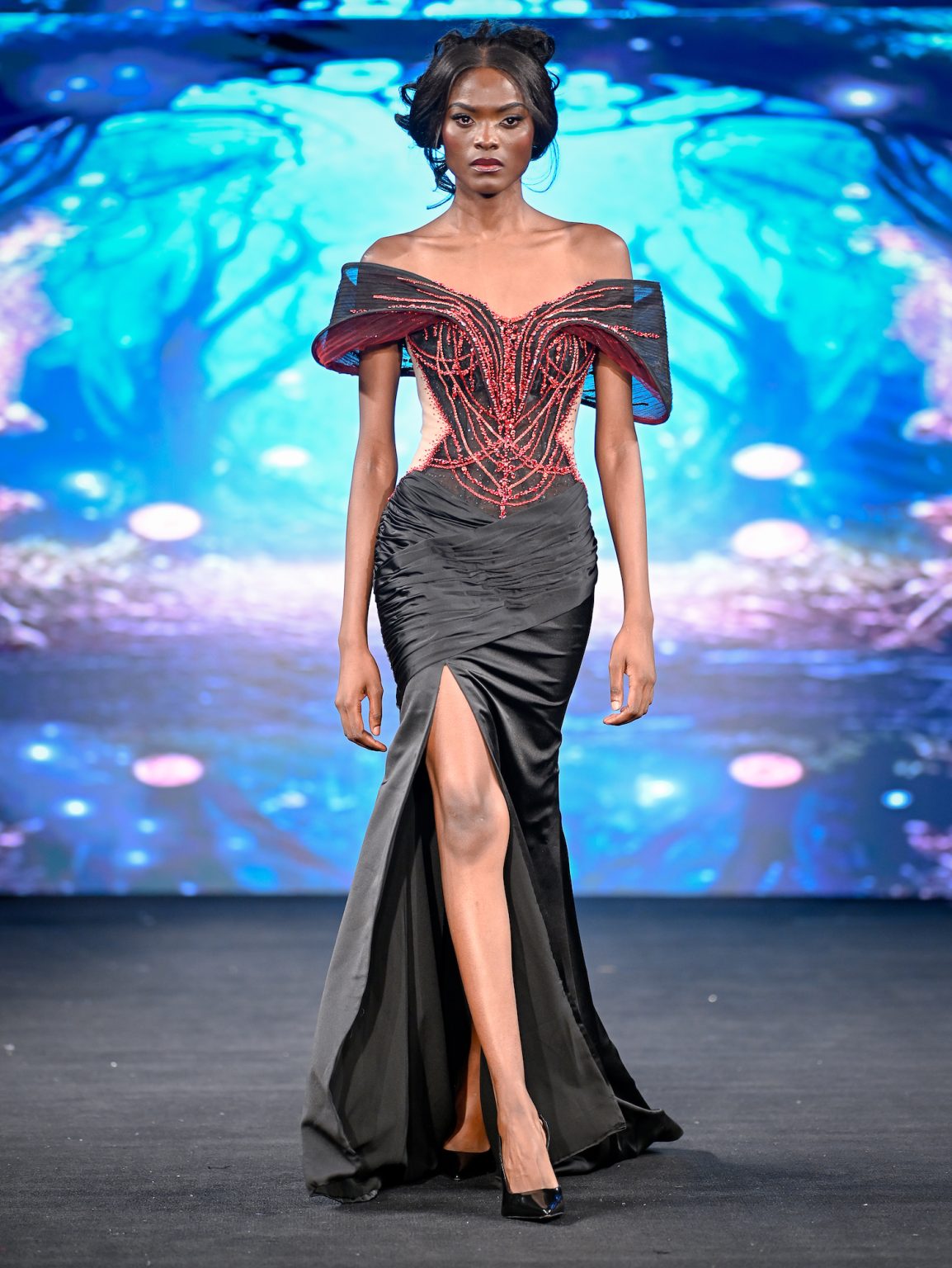 NEW YORK, NEW YORK - FEBRUARY 06: A model walks the runway at the Diana Couture show during New York Fashion Week Powered By Art Hearts Fashion at The Angel Orensanz Foundation on February 06, 2025 in New York City. (Photo by Arun Nevader/Getty Images for Art Hearts Fashion)