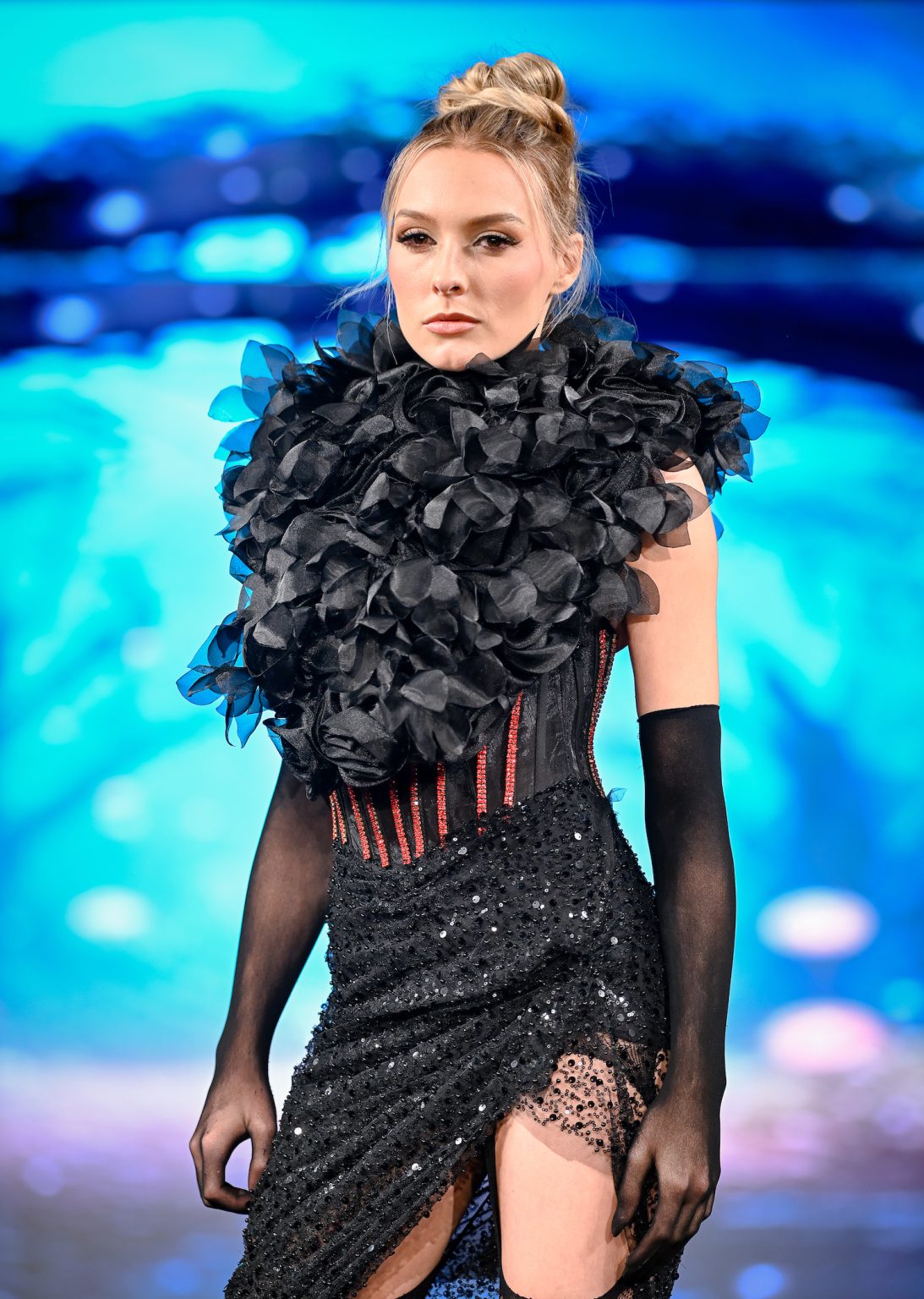 NEW YORK, NEW YORK - FEBRUARY 06: A model walks the runway at the Diana Couture show during New York Fashion Week Powered By Art Hearts Fashion at The Angel Orensanz Foundation on February 06, 2025 in New York City. (Photo by Arun Nevader/Getty Images for Art Hearts Fashion)