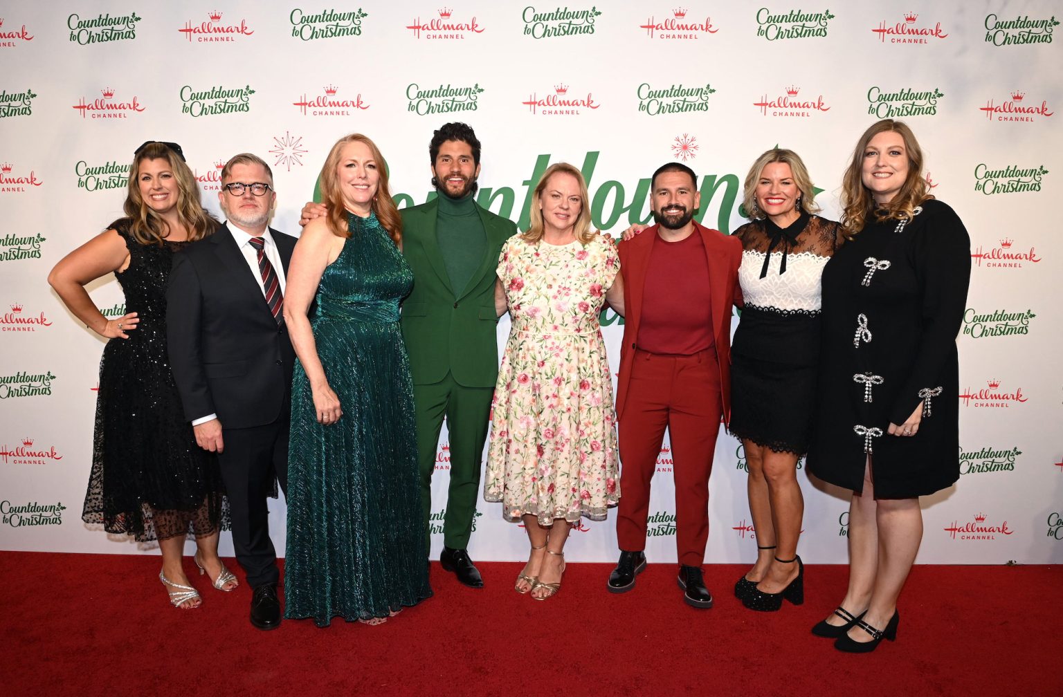 TARRYTOWN, NEW YORK - OCTOBER 17: (L-R) Samantha DiPippo SVP Programming, Hallmark, Darren Abbott, Chief Brand Ambassador, Hallmark, Annie Howell, Chief Communications Officer at Crown Media, Dan Smyers, Lisa Hamilton Daly, EVP of Programming, Hallmark, Shay Mooney, Allison Thiel, Hallmark VP, Music Strategies & Licensing, and Jennifer Kramer, VP Programming, Hallmark, attend Hallmark Media's Channel's "Countdown To Christmas" party at Blue Hill at Stone Barns on October 17, 2024 in Tarrytown, New York. (Photo by Dave Kotinsky/Getty Images for Hallmark Media)