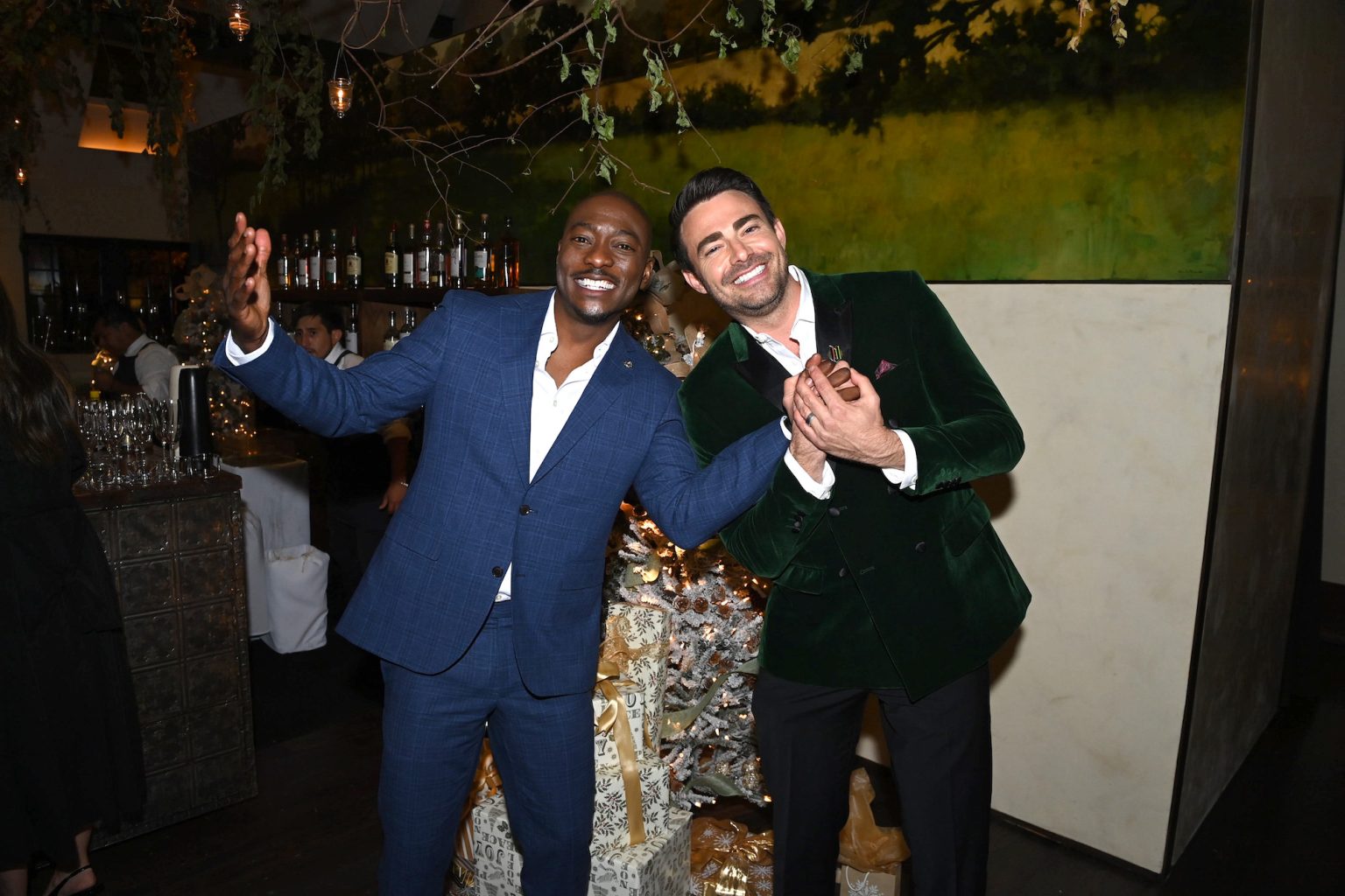 TARRYTOWN, NEW YORK - OCTOBER 17: (L-R) B. J. Britt and Jonathan Bennett attend Hallmark Media's Channel's "Countdown To Christmas" party at Blue Hill at Stone Barns on October 17, 2024 in Tarrytown, New York. (Photo by Dave Kotinsky/Getty Images for Hallmark Media)