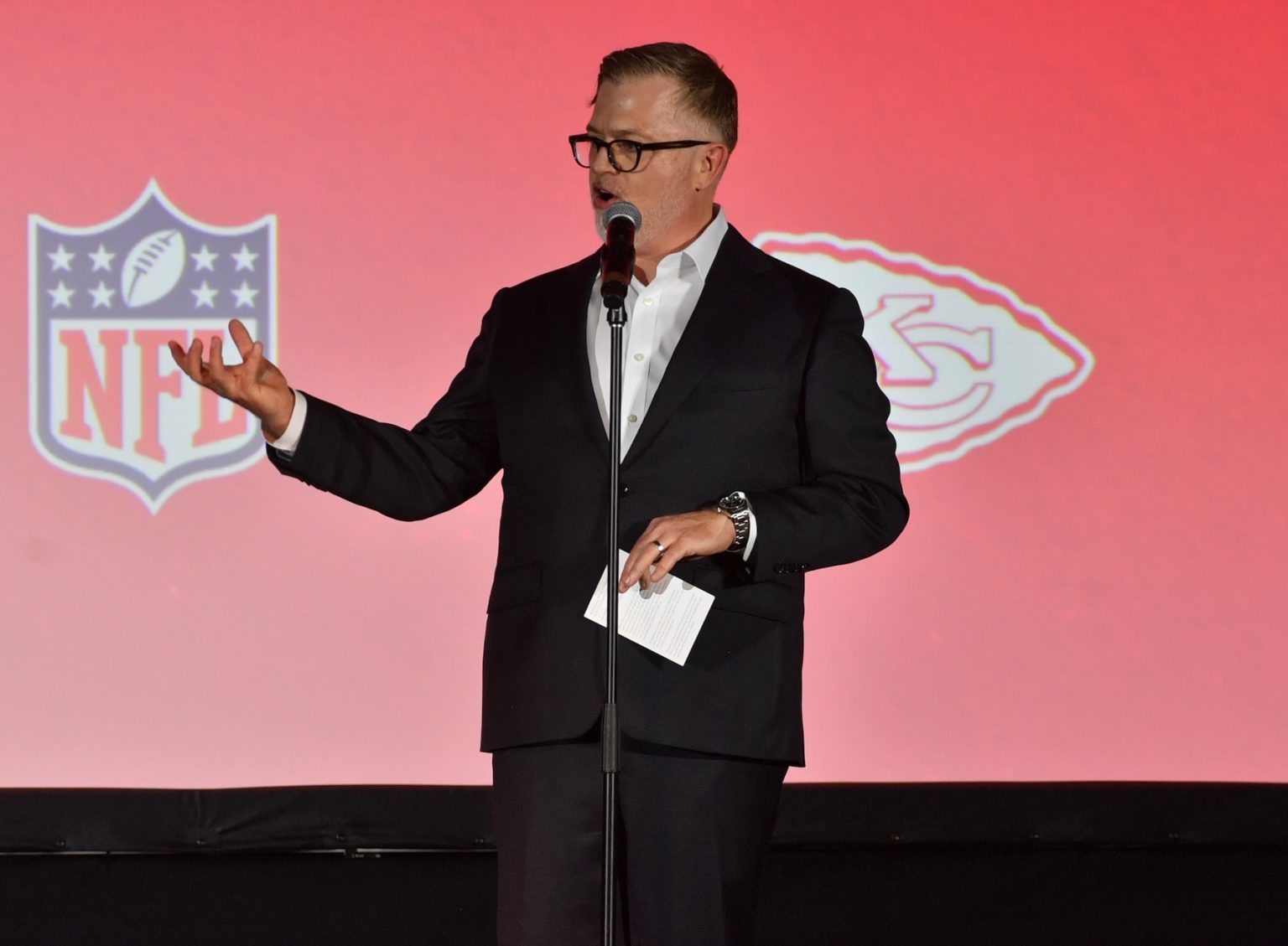 KANSAS CITY, MISSOURI - NOVEMBER 30: Darren Abbott speaks onstage during Hallmark's Premiere Screening of Holiday Touchdown: A Chiefs Love Story on November 30, 2024 in Kansas City, Missouri. (Photo by Jason Davis/Getty Images for Hallmark Media)