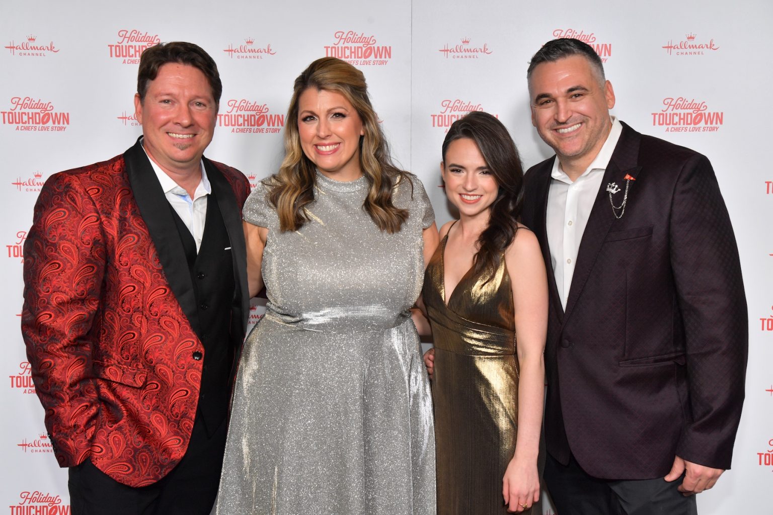 KANSAS CITY, MISSOURI - NOVEMBER 30: (L-R) Dustin Rikert, Samantha Dipippo, Candice Dilavore and David Wulf attend Hallmark's Premiere Screening of Holiday Touchdown: A Chiefs Love Story on November 30, 2024 in Kansas City, Missouri. (Photo by Jason Davis/Getty Images for Hallmark Media)