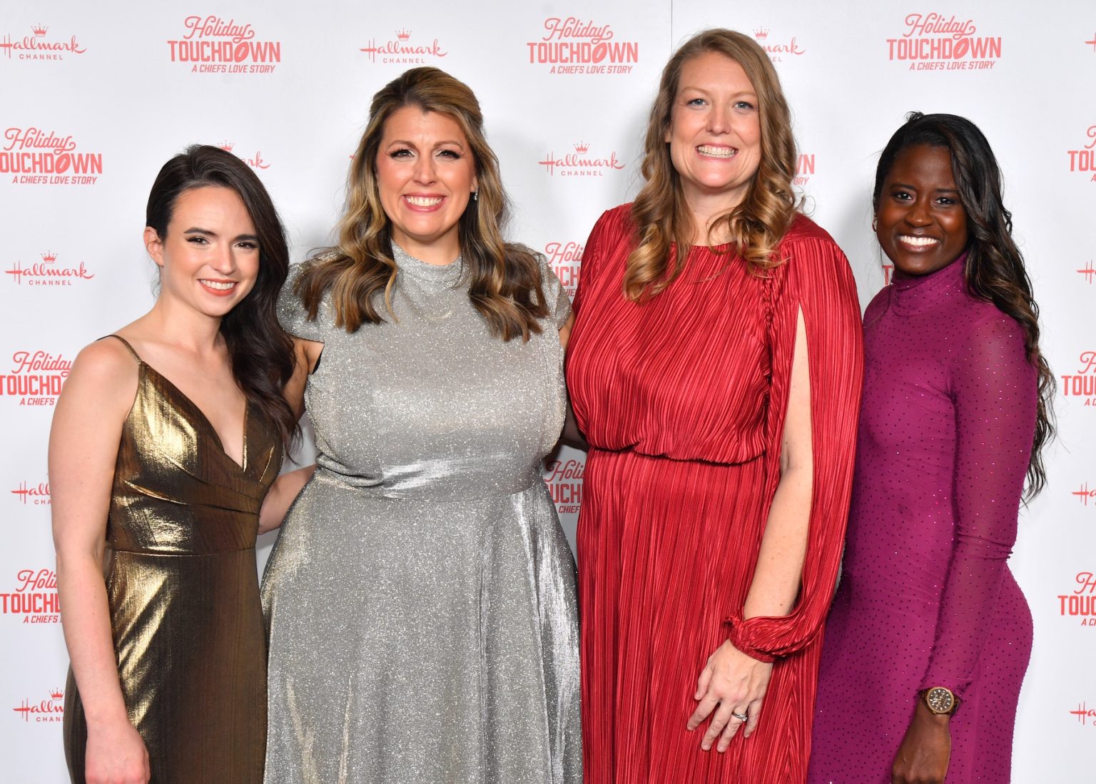 KANSAS CITY, MISSOURI - NOVEMBER 30: (L-R) Candice Dilavore, Samantha Dipippo, Jenifer Kramer and Tatiana Erasme attend Hallmark's Premiere Screening of Holiday Touchdown: A Chiefs Love Story on November 30, 2024 in Kansas City, Missouri. (Photo by Jason Davis/Getty Images for Hallmark Media)