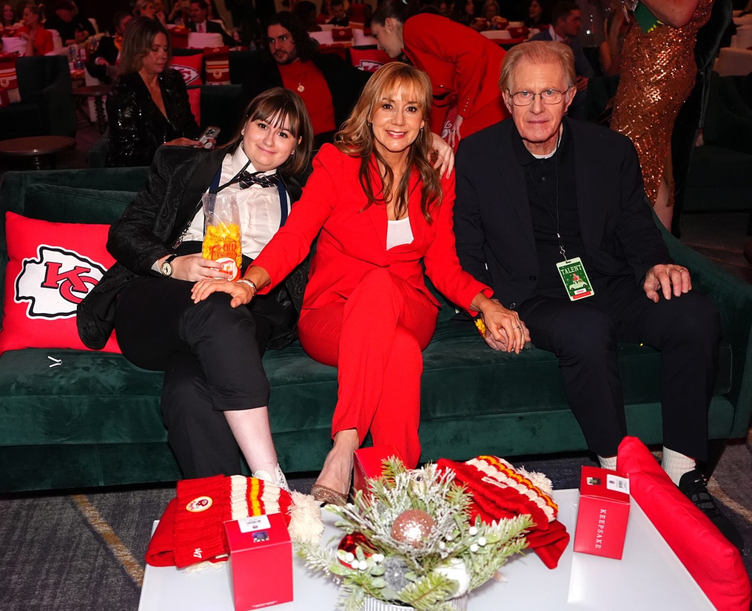 KANSAS CITY, MISSOURI - NOVEMBER 30: Megyn Price (C) and Ed Begley Jr. (R) attend Hallmark's Premiere Screening of Holiday Touchdown: A Chiefs Love Story on November 30, 2024 in Kansas City, Missouri. (Photo by Kyle Rivas/Getty Images for Hallmark Media)