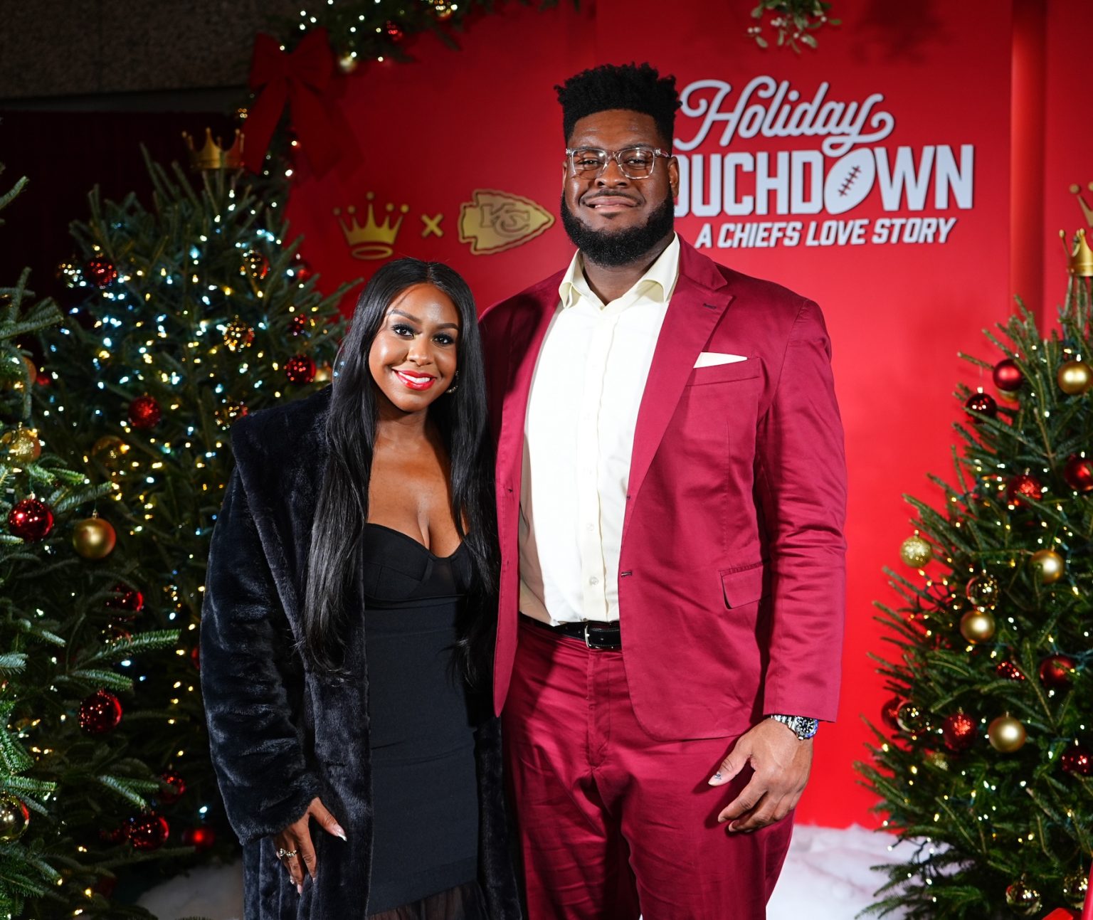 KANSAS CITY, MISSOURI - NOVEMBER 30: (L-R) Ashley Smith and Trey Smith attend Hallmark's Premiere Screening of Holiday Touchdown: A Chiefs Love Story on November 30, 2024 in Kansas City, Missouri. (Photo by Kyle Rivas/Getty Images for Hallmark Media)