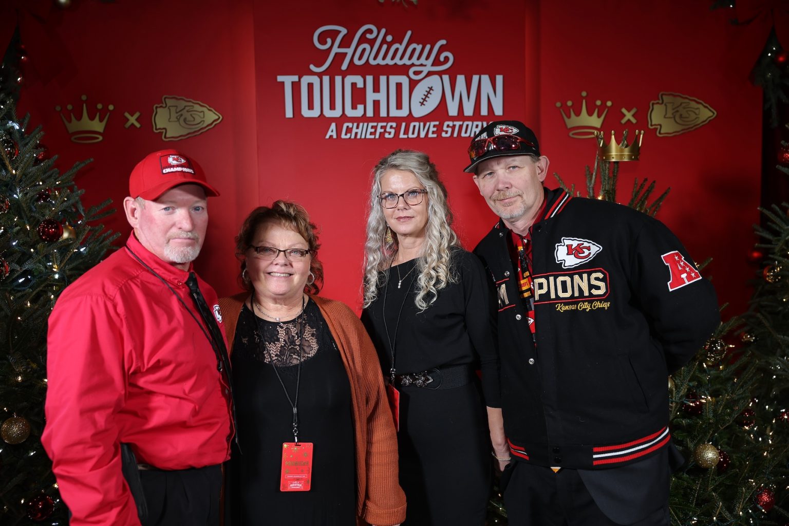 KANSAS CITY, MISSOURI - NOVEMBER 30: (L-R) Phillip Cheek, Angie Cheek, Jennifer Kidd and Michael Kidd attend Hallmark's Premiere Screening of Holiday Touchdown: A Chiefs Love Story on November 30, 2024 in Kansas City, Missouri. (Photo by David Eulitt/Getty Images for Hallmark Media)