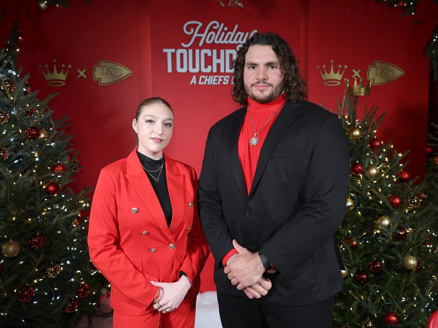 KANSAS CITY, MISSOURI - NOVEMBER 30: (L-R) Sarah Christina Kane and Hunter Nourzad attend Hallmark's Premiere Screening of Holiday Touchdown: A Chiefs Love Story on November 30, 2024 in Kansas City, Missouri. (Photo by David Eulitt/Getty Images for Hallmark Media)
