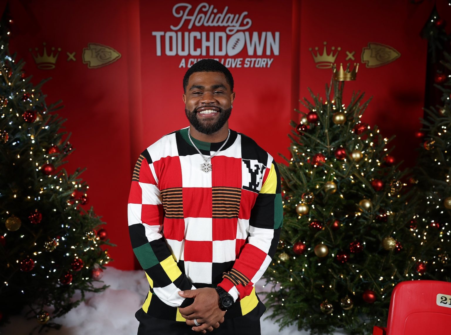 KANSAS CITY, MISSOURI - NOVEMBER 30: Clyde Edwards-Helaire attends Hallmark's Premiere Screening of Holiday Touchdown: A Chiefs Love Story on November 30, 2024 in Kansas City, Missouri. (Photo by David Eulitt/Getty Images for Hallmark Media)