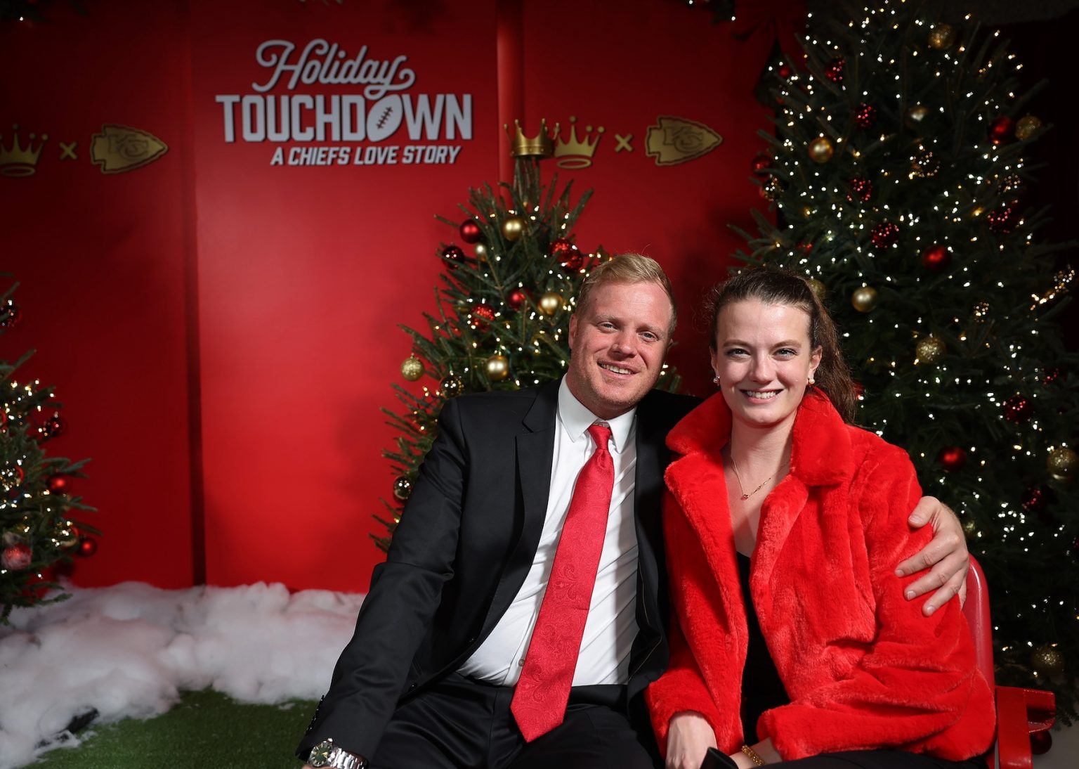KANSAS CITY, MISSOURI - NOVEMBER 30: (L-R) Dillon Highes and Katie Hall attend Hallmark's Premiere Screening of Holiday Touchdown: A Chiefs Love Story on November 30, 2024 in Kansas City, Missouri. (Photo by David Eulitt/Getty Images for Hallmark Media)
