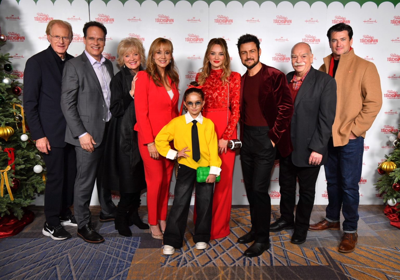 KANSAS CITY, MISSOURI - NOVEMBER 30: (L-R) Ed Begley Jr., Diedrich Bader, Christine Ebersole, Megyn Price, Taylen Biggs, Hunter King, Tyler Hynes, Richard Riehle and Wes Brown attend Hallmark's Premiere Screening of Holiday Touchdown: A Chiefs Love Story on November 30, 2024 in Kansas City, Missouri. (Photo by Jason Davis/Getty Images for Hallmark Media)