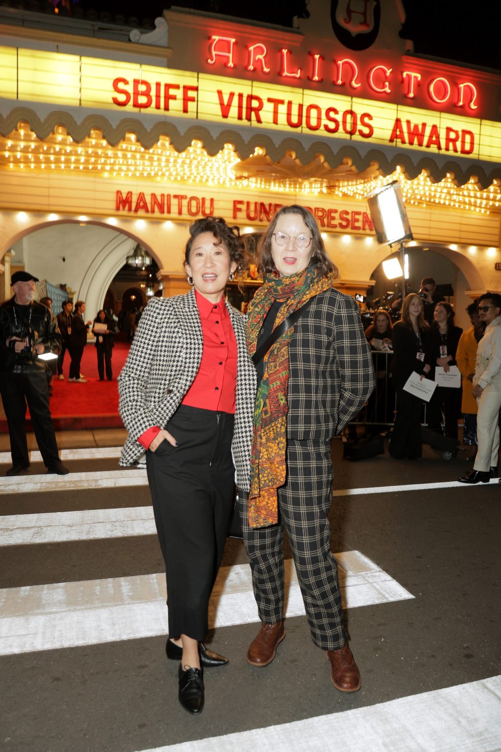 SANTA BARBARA, CALIFORNIA - FEBRUARY 09: (L-R) Sandra Oh and Ann Marie Fleming attend the Virtuosos Award ceremony during the 40th Santa Barbara International Film Festival at The Arlington Theatre on February 09, 2025 in Santa Barbara, California. (Photo by Rebecca Sapp/Getty Images for Santa Barbara International Film Festival)