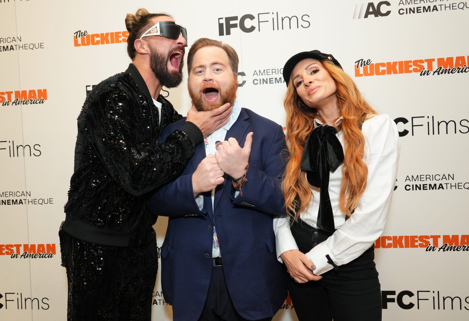 Seth Rollins, Paul Walter Hauser and Becky Lynch attend IFC Films’ Luckiest Man in America Los Angeles Premiere at the Aero Theater on ​Tuesday, March ​25, 2025 in Los Angeles.