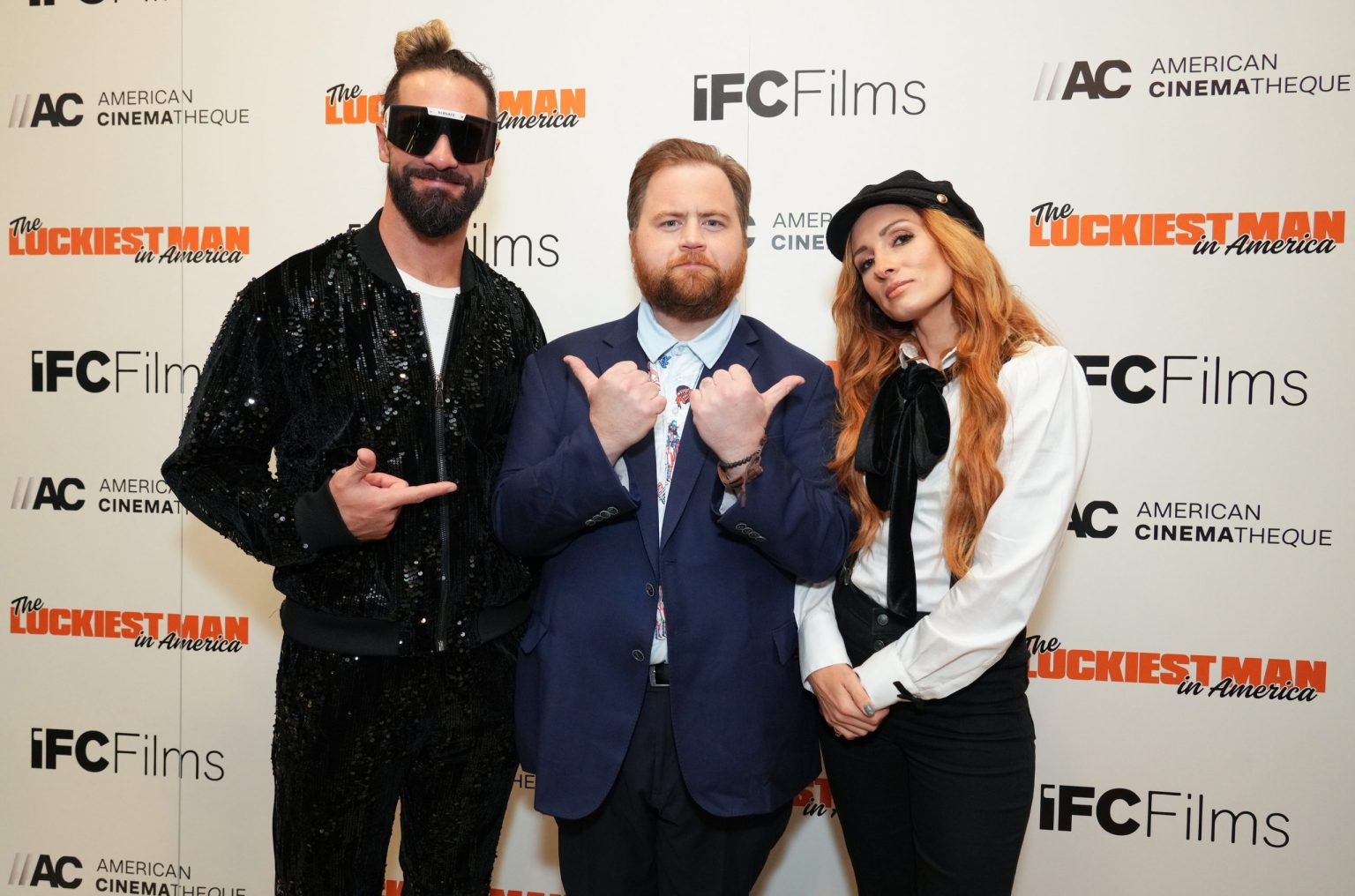Seth Rollins, Paul Walter Hauser and Becky Lynch attend IFC Films’ Luckiest Man in America Los Angeles Premiere at the Aero Theater on ​Tuesday, March ​25, 2025 in Los Angeles.