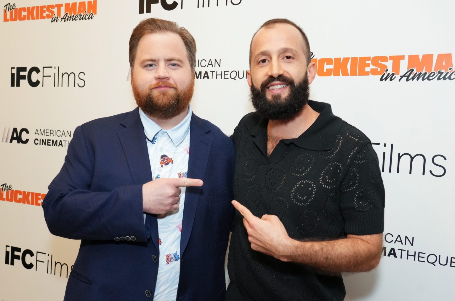 Paul Walter Hauser and Samir Oliveros attend IFC Films’ Luckiest Man in America Los Angeles Premiere at the Aero Theater on ​Tuesday, March ​25, 2025 in Los Angeles.