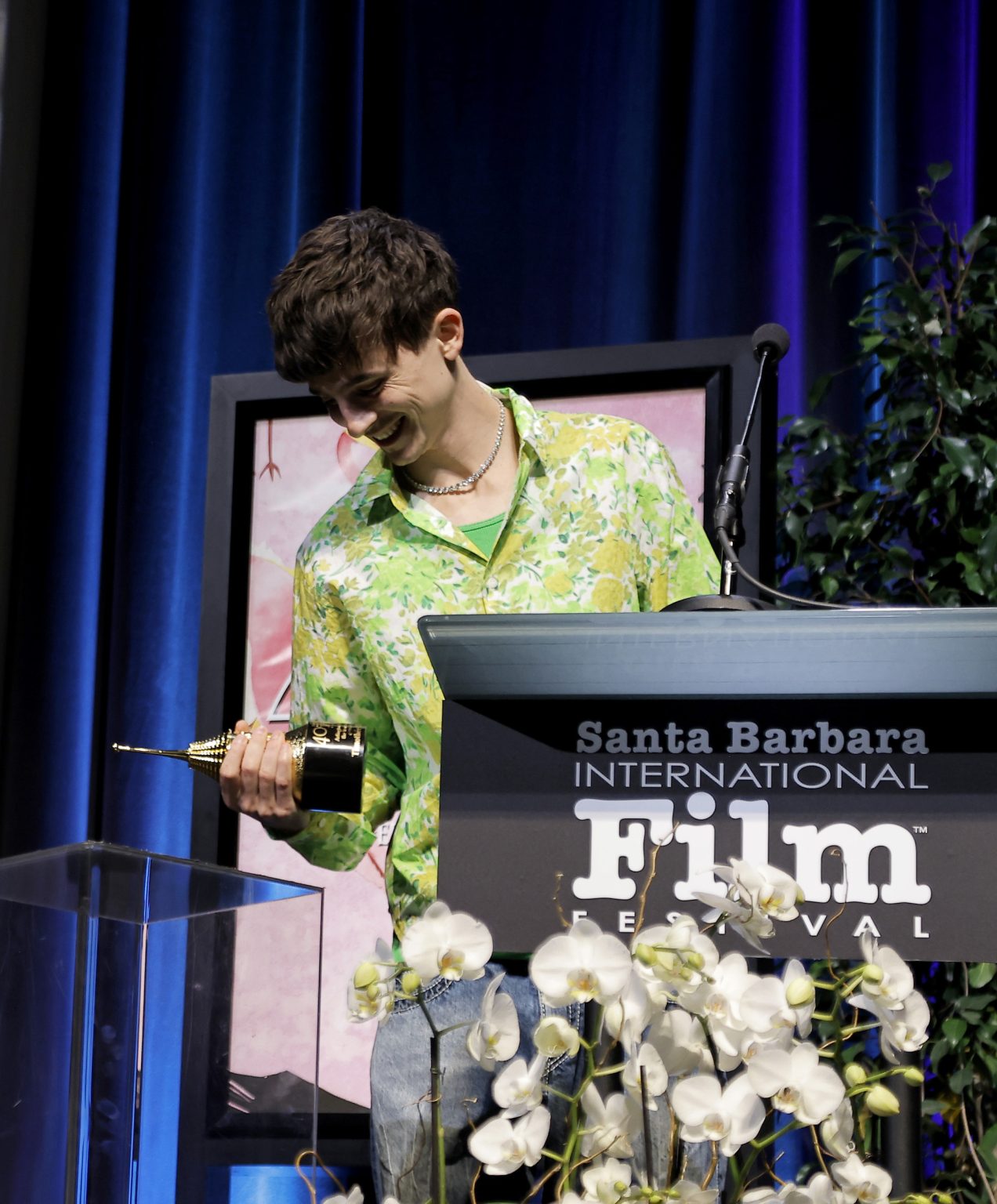 SANTA BARBARA, CALIFORNIA - FEBRUARY 11: Timothée Chalamet receives the Arlington Artist Award during the 40th Santa Barbara International Film Festival at The Arlington Theatre on February 11, 2025 in Santa Barbara, California. (Photo by Tibrina Hobson/Getty Images for Santa Barbara International Film Festival)