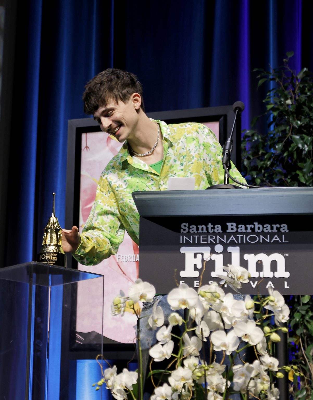 SANTA BARBARA, CALIFORNIA - FEBRUARY 11: Timothée Chalamet receives the Arlington Artist Award during the 40th Santa Barbara International Film Festival at The Arlington Theatre on February 11, 2025 in Santa Barbara, California. (Photo by Tibrina Hobson/Getty Images for Santa Barbara International Film Festival)