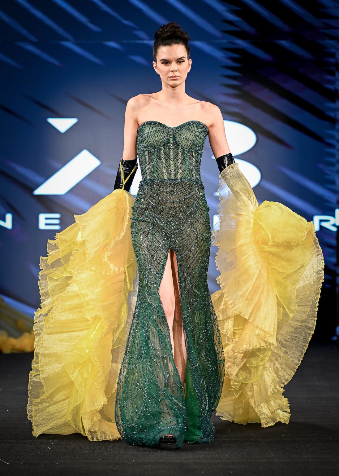 NEW YORK, NEW YORK - FEBRUARY 06: A model walks the runway at the Kenneth Barlis show during New York Fashion Week Powered By Art Hearts Fashion at The Angel Orensanz Foundation on February 06, 2025 in New York City. (Photo by Arun Nevader/Getty Images for Art Hearts Fashion)