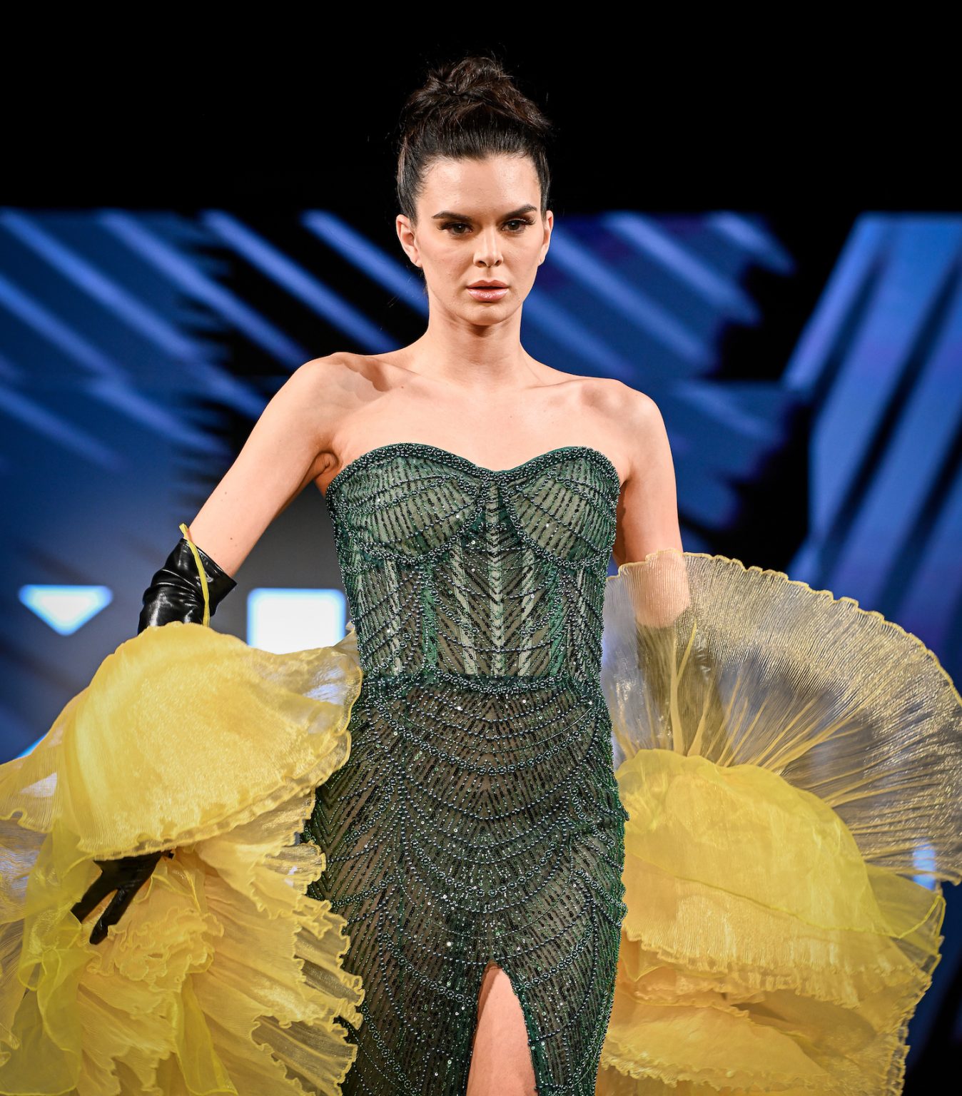 NEW YORK, NEW YORK - FEBRUARY 06: A model walks the runway at the Kenneth Barlis show during New York Fashion Week Powered By Art Hearts Fashion at The Angel Orensanz Foundation on February 06, 2025 in New York City. (Photo by Arun Nevader/Getty Images for Art Hearts Fashion)