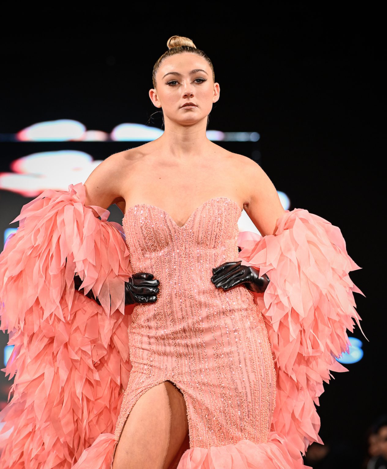 NEW YORK, NEW YORK - FEBRUARY 06: A model walks the runway at the Kenneth Barlis show during New York Fashion Week Powered By Art Hearts Fashion at The Angel Orensanz Foundation on February 06, 2025 in New York City. (Photo by Arun Nevader/Getty Images for Art Hearts Fashion)