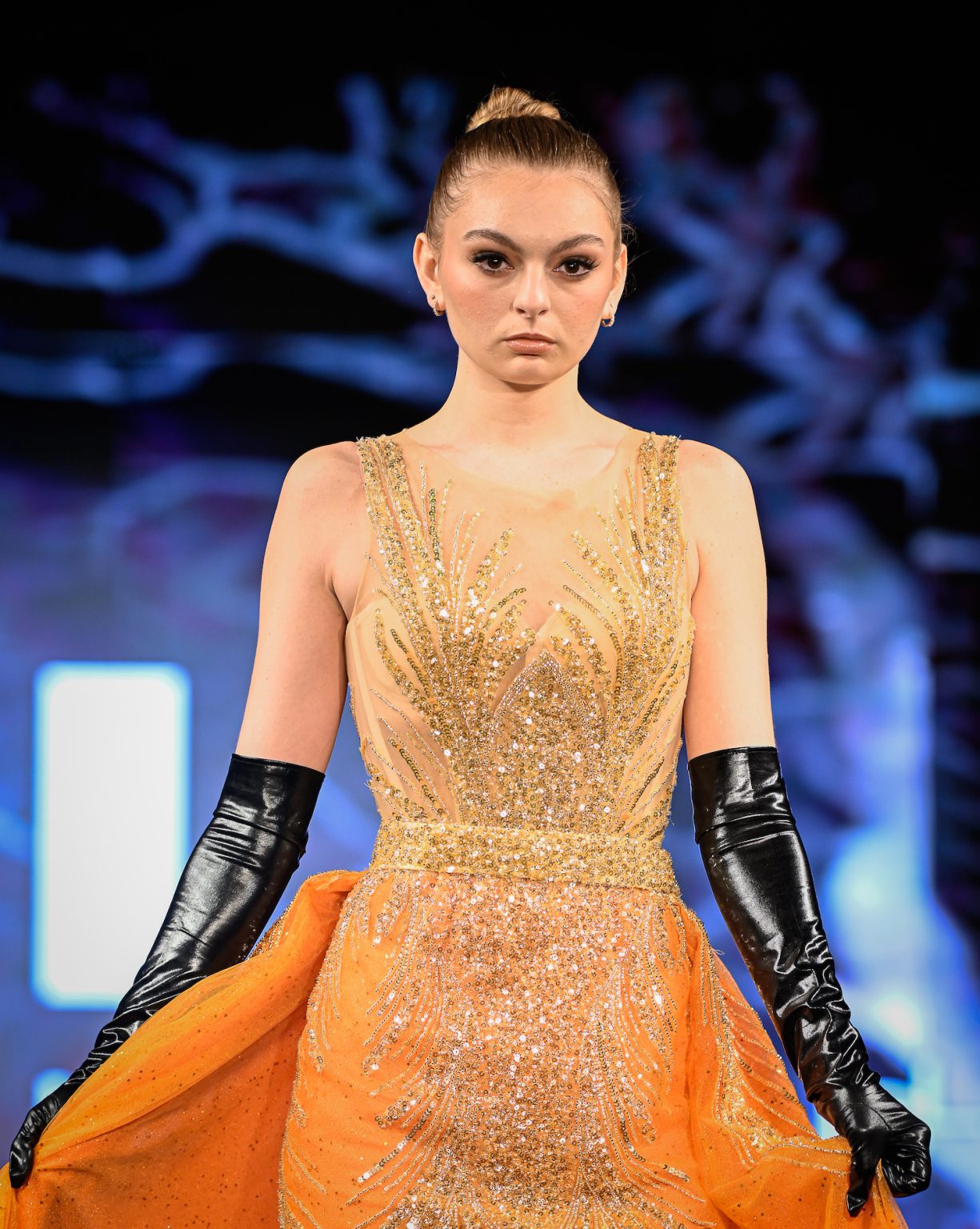 NEW YORK, NEW YORK - FEBRUARY 06: A model walks the runway at the Kenneth Barlis show during New York Fashion Week Powered By Art Hearts Fashion at The Angel Orensanz Foundation on February 06, 2025 in New York City. (Photo by Arun Nevader/Getty Images for Art Hearts Fashion)