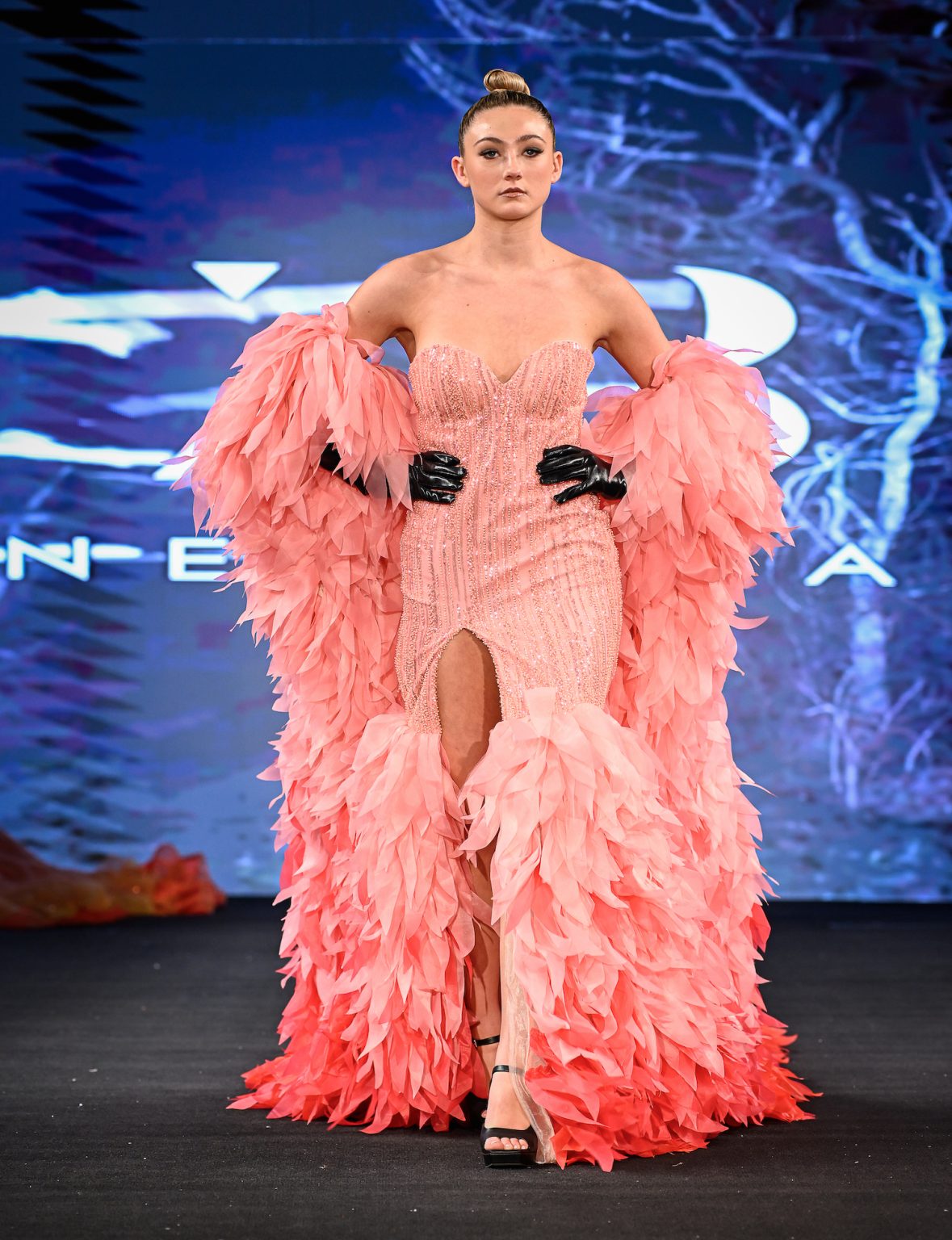 NEW YORK, NEW YORK - FEBRUARY 06: A model walks the runway at the Kenneth Barlis show during New York Fashion Week Powered By Art Hearts Fashion at The Angel Orensanz Foundation on February 06, 2025 in New York City. (Photo by Arun Nevader/Getty Images for Art Hearts Fashion)