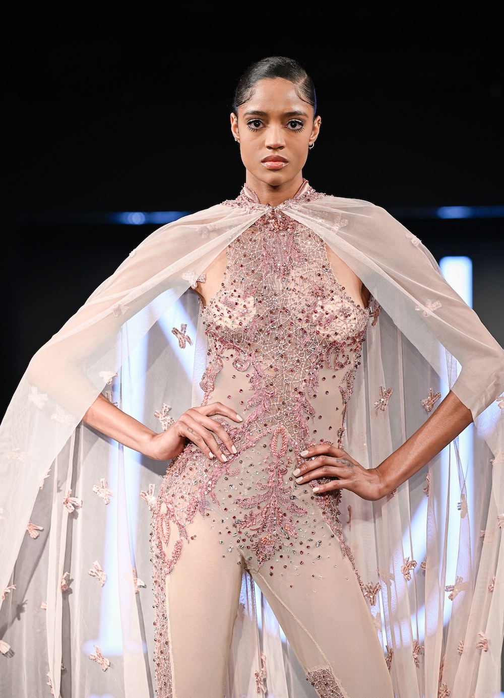 NEW YORK, NEW YORK - FEBRUARY 07: A model walks the runway at the Maribel Julcahuanca show during New York Fashion Week Powered By Art Hearts Fashion at The Angel Orensanz Foundation on February 07, 2025 in New York City. (Photo by Arun Nevader/Getty Images for Art Hearts Fashion)