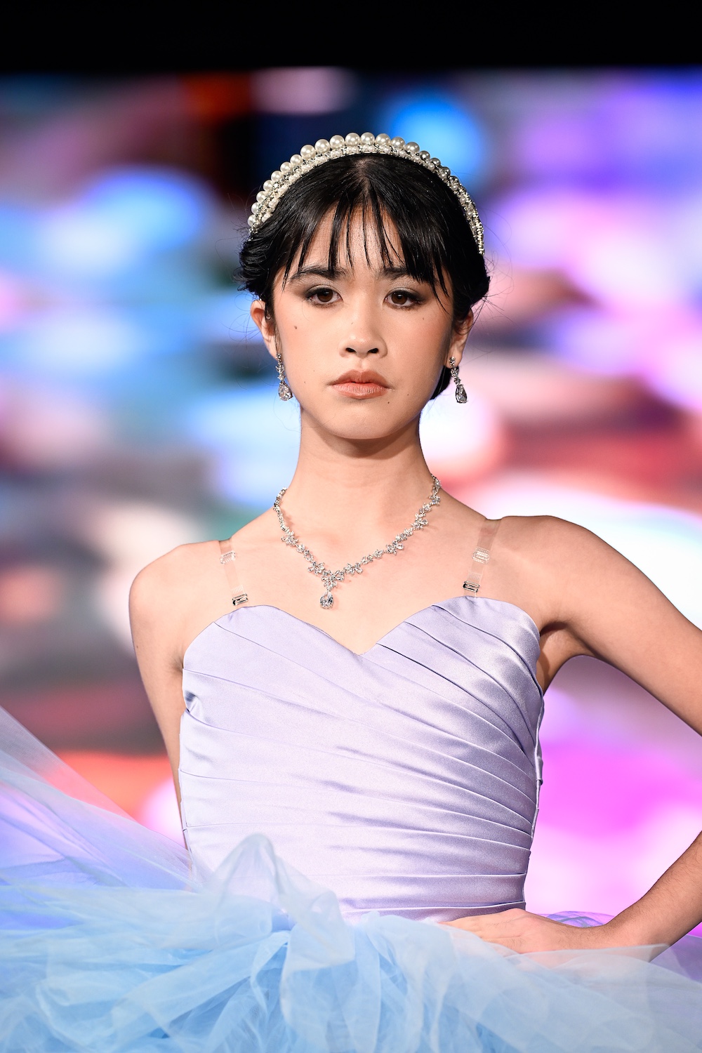 NEW YORK, NEW YORK - FEBRUARY 08: A model walks the runway at the Mila Hoffman show during New York Fashion Week Powered By Art Hearts Fashion at The Angel Orensanz Foundation on February 08, 2025 in New York City. (Photo by Arun Nevader/Getty Images for Art Hearts Fashion)
