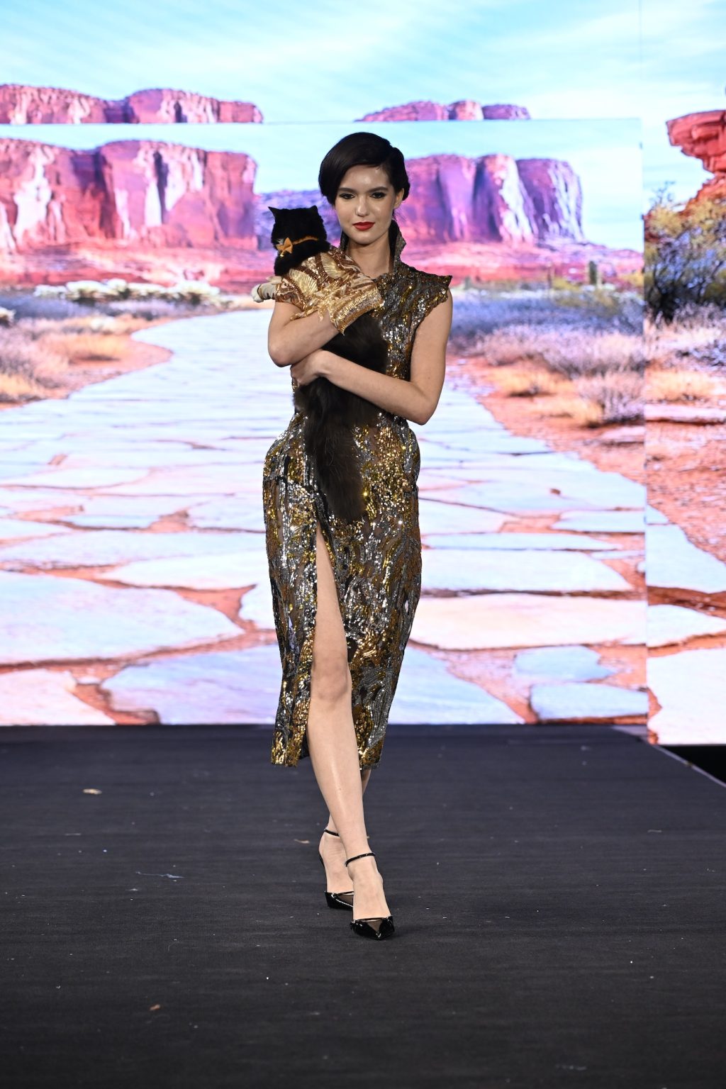 NEW YORK, NEW YORK - FEBRUARY 08: A model walks the runway at the Anthony Rubio show during New York Fashion Week Powered By Art Hearts Fashion at The Angel Orensanz Foundation on February 08, 2025 in New York City. (Photo by Arun Nevader/Getty Images for Art Hearts Fashion)
