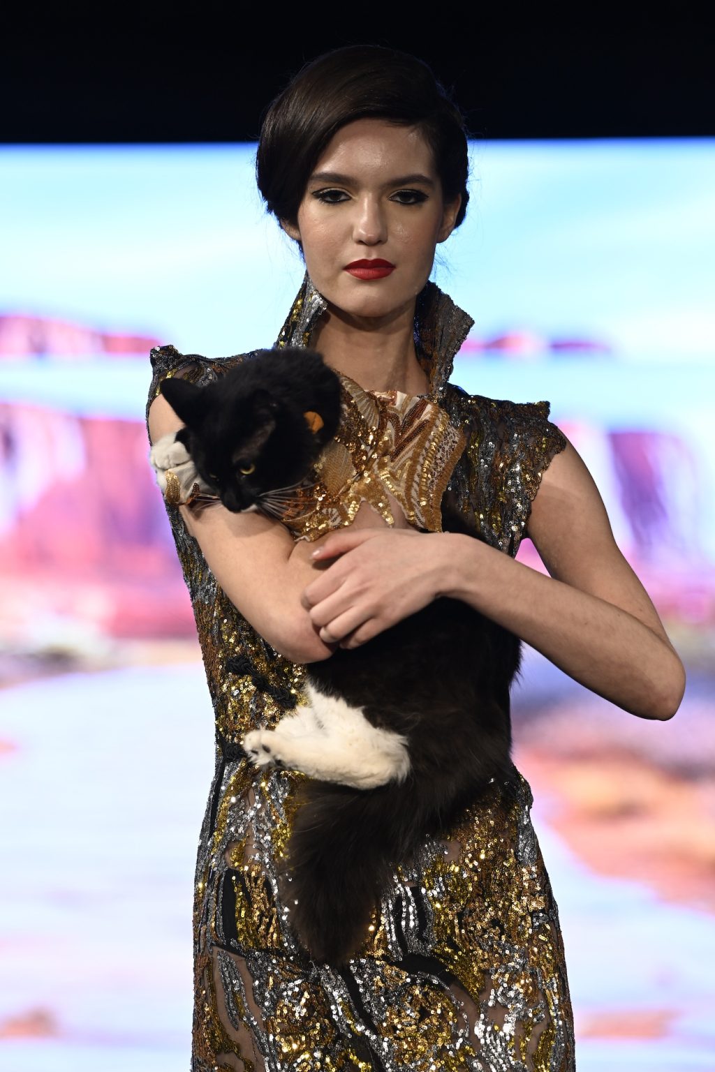 NEW YORK, NEW YORK - FEBRUARY 08: A model walks the runway at the Anthony Rubio show during New York Fashion Week Powered By Art Hearts Fashion at The Angel Orensanz Foundation on February 08, 2025 in New York City. (Photo by Arun Nevader/Getty Images for Art Hearts Fashion)
