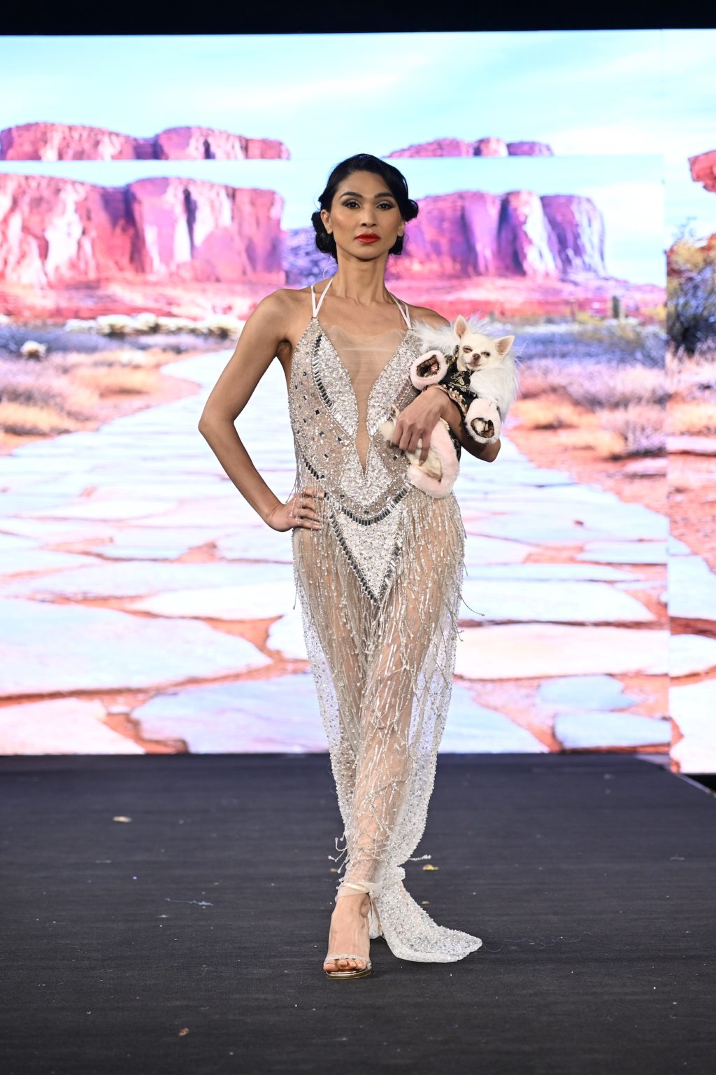 NEW YORK, NEW YORK - FEBRUARY 08: A model walks the runway at the Anthony Rubio show during New York Fashion Week Powered By Art Hearts Fashion at The Angel Orensanz Foundation on February 08, 2025 in New York City. (Photo by Arun Nevader/Getty Images for Art Hearts Fashion)