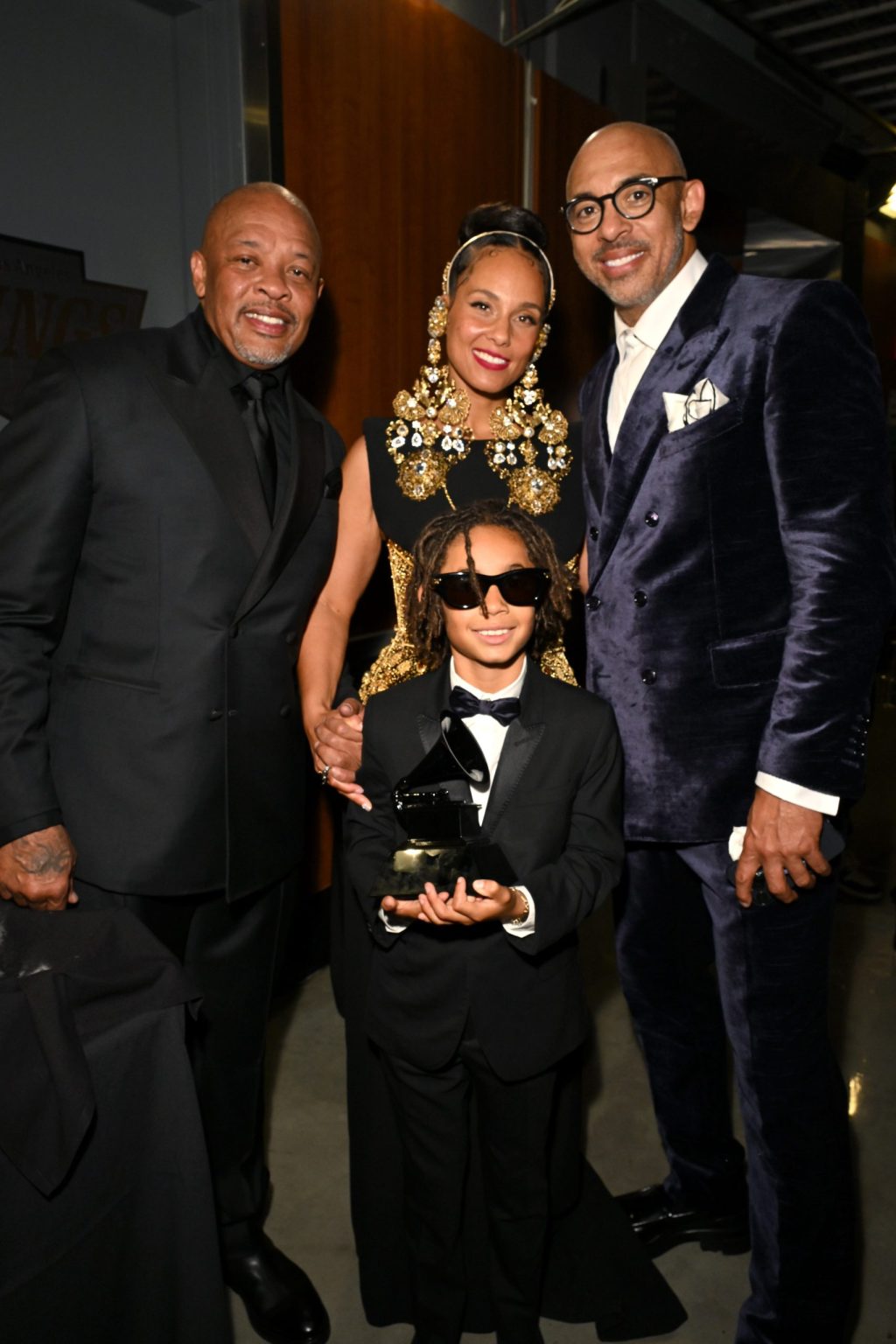 LOS ANGELES, CALIFORNIA - FEBRUARY 02: (L-R) Dr. Dre, Alicia Keys, Genesis Ali Dean and Harvey Mason Jr., CEO, MusicCares & Recording Academy attend the 67th Annual GRAMMY Awards at Crypto.com Arena on February 02, 2025 in Los Angeles, California. (Photo by Lester Cohen/Getty Images for The Recording Academy)