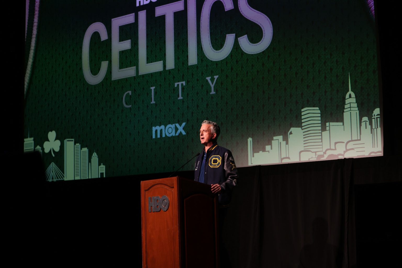BOSTON, MA - FEBRUARY 21: Bill Simmons speaks during the Premiere of HBO Original Documentary Series "Celtics City" on February 21, 2025 in Boston, Massachusetts. (Photo by Scott Eisen/Getty Images for HBO)