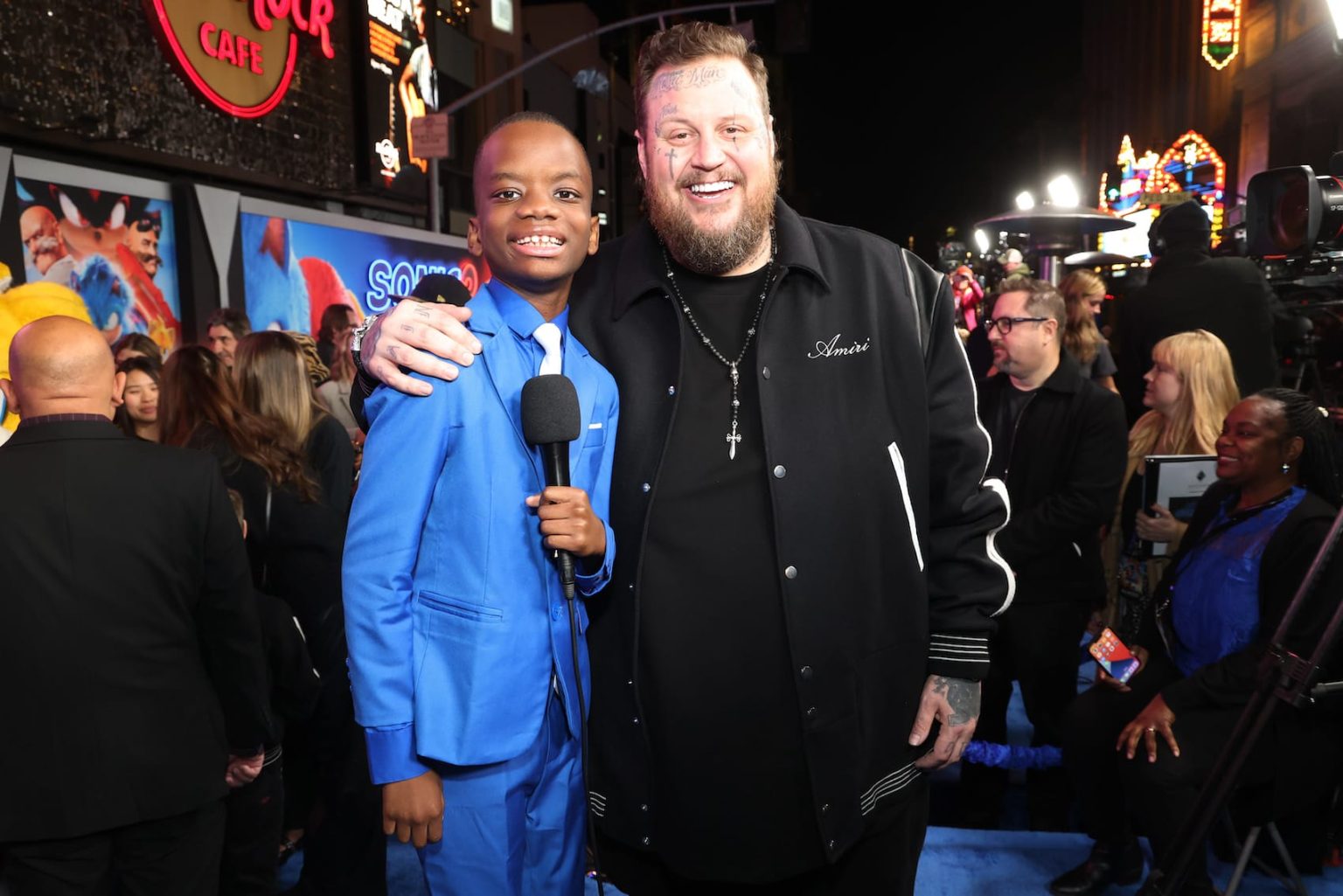 HOLLYWOOD, CALIFORNIA - DECEMBER 16: Jelly Roll (R) attends the "Sonic The Hedgehog 3" Los Angeles premiere at the TCL Chinese Theatre on December 16, 2024, in Hollywood, California. (Photo by Phillip Faraone/Getty Images for Paramount Pictures)