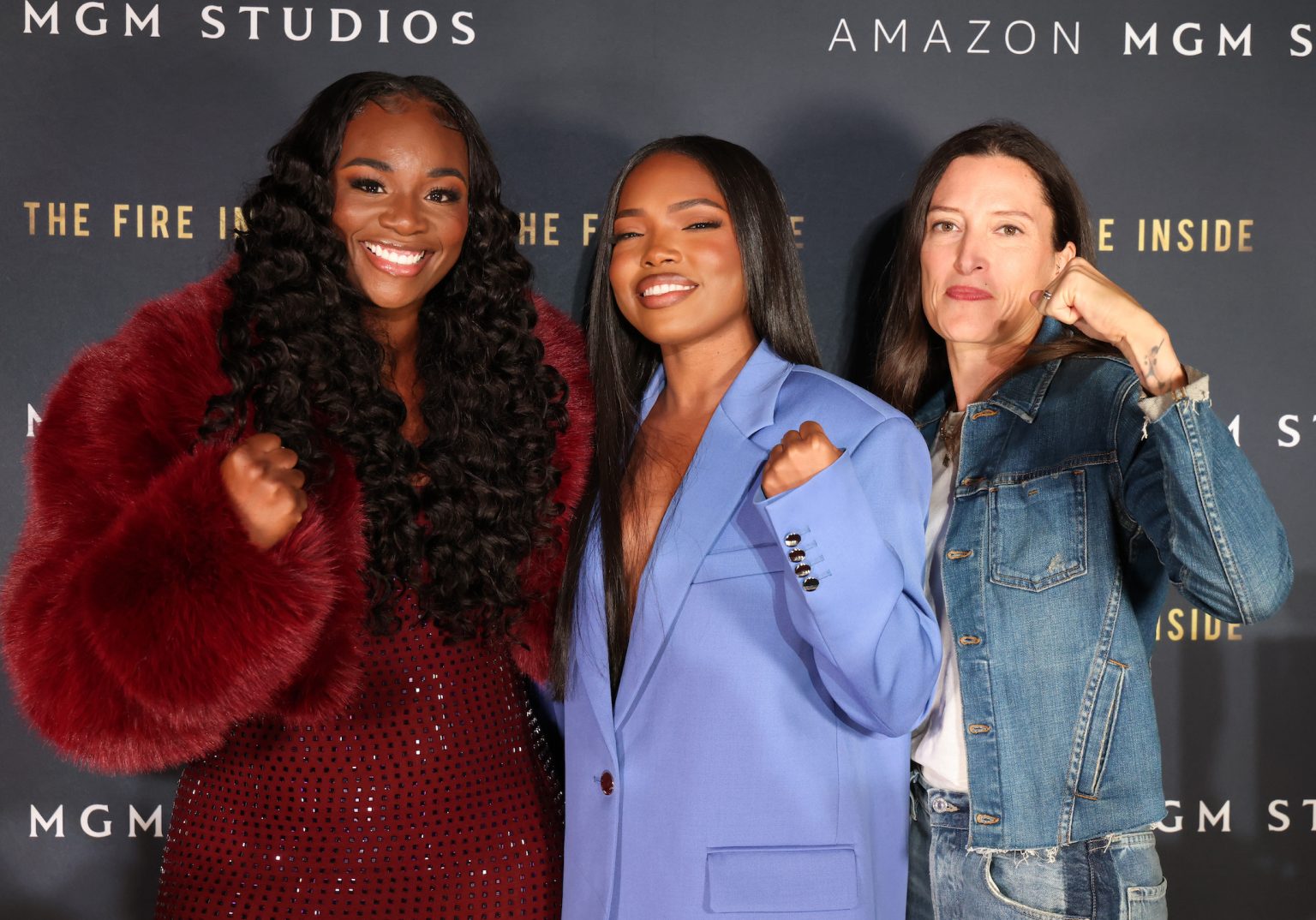 FLINT, MICHIGAN - NOVEMBER 10: (L-R) Claressa Shields, Ryan Destiny, and Rachel Morrison attend The Fire Inside – Flint Community Screening at Cinemark Flint West on November 10, 2024 in Flint, Michigan. (Photo by Scott Legato/Getty Images for The Fire Inside)