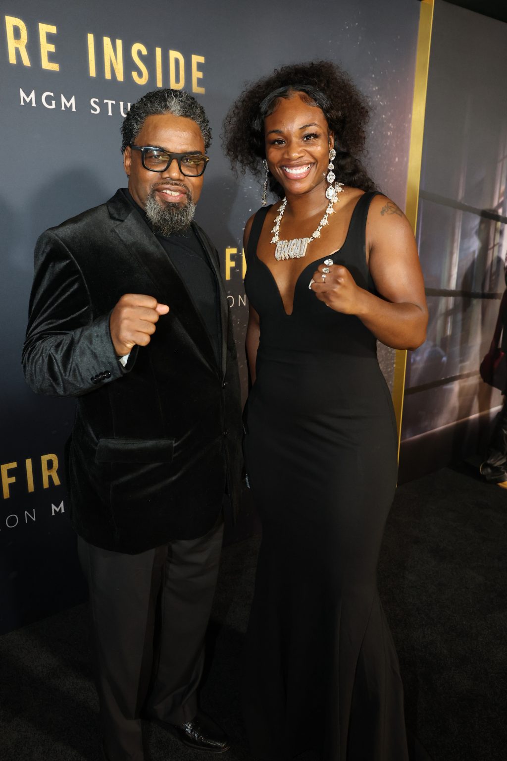 LOS ANGELES, CALIFORNIA - DECEMBER 04: Jason Crutchfield and Claressa Shields attend the Los Angeles Premiere Of "The Fire Inside" at DGA Theater Complex on December 04, 2024 in Los Angeles, California. (Photo by Eric Charbonneau/Amazon MGM Studios via Getty Images)