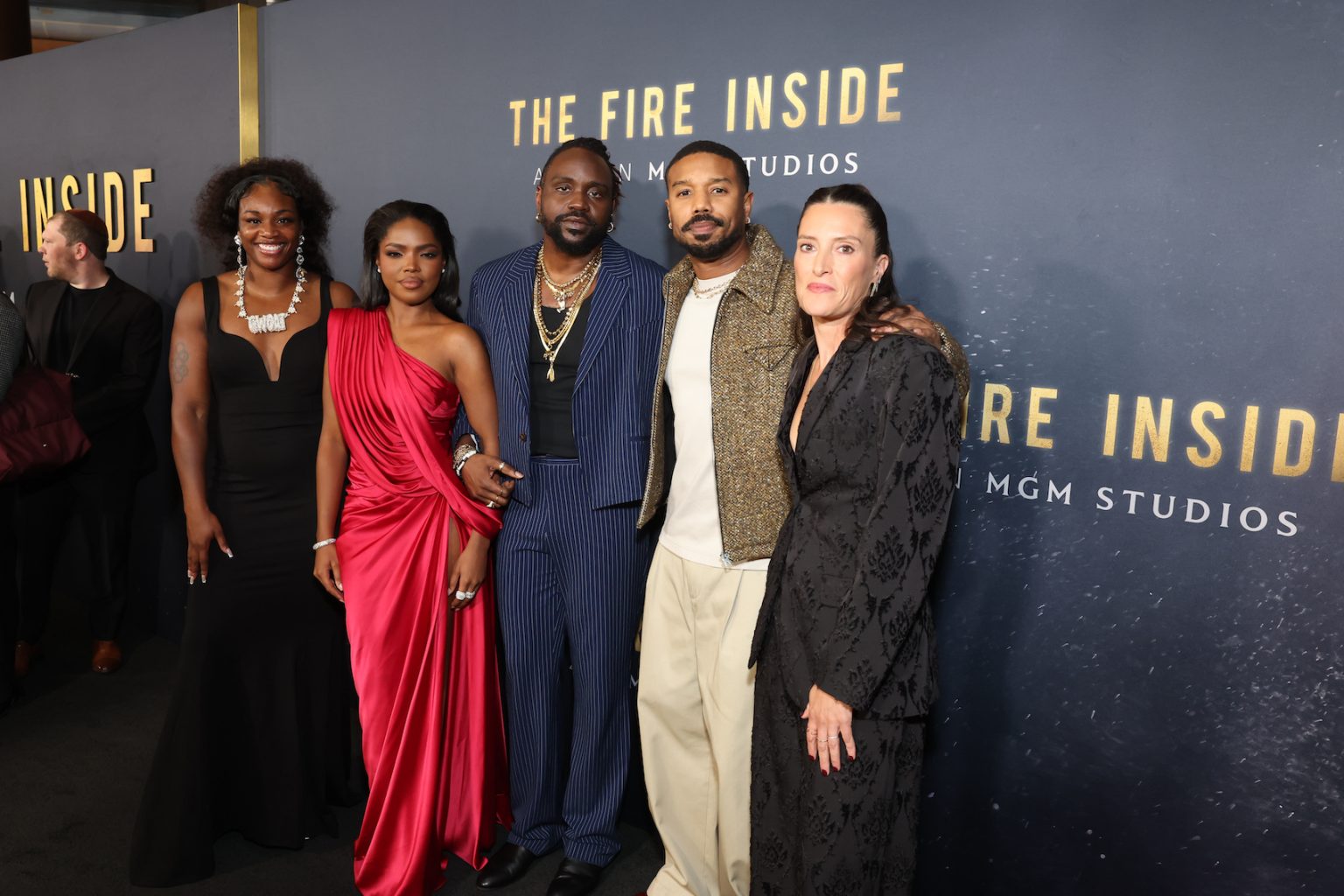 LOS ANGELES, CALIFORNIA - DECEMBER 04: Claressa Shields, Ryan Destiny, Brian Tyree Henry, Michael B. Jordan and Director Rachel Morrison attend the Los Angeles Premiere Of "The Fire Inside" at DGA Theater Complex on December 04, 2024 in Los Angeles, California. (Photo by Stewart Cook/Amazon MGM Studios via Getty Images)