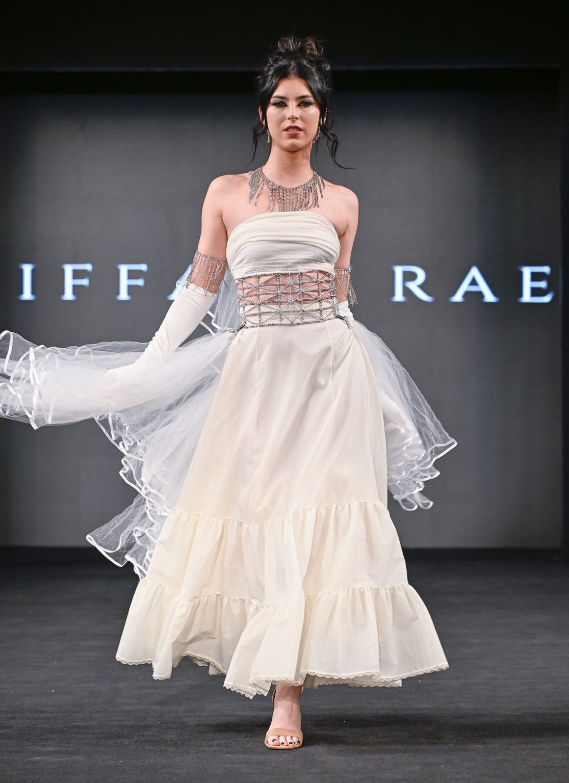 NEW YORK, NEW YORK - FEBRUARY 07: A model walks the runway at the Tiffany Rae show during New York Fashion Week Powered By Art Hearts Fashion at The Angel Orensanz Foundation on February 07, 2025 in New York City. (Photo by Arun Nevader/Getty Images for Art Hearts Fashion)