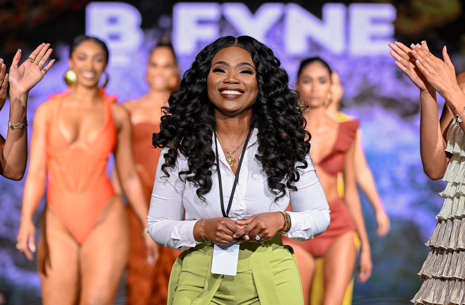 MIAMI BEACH, FLORIDA - MAY 31: Designer Buki Ade and models walks the runway at the BYFNE show during Miami Swim Week Powered By Art Hearts Fashion at Eden Roc Hotel on May 31, 2025 in Miami Beach, Florida. (Photo by Arun Nevader/Getty Images for Art Hearts Fashion)