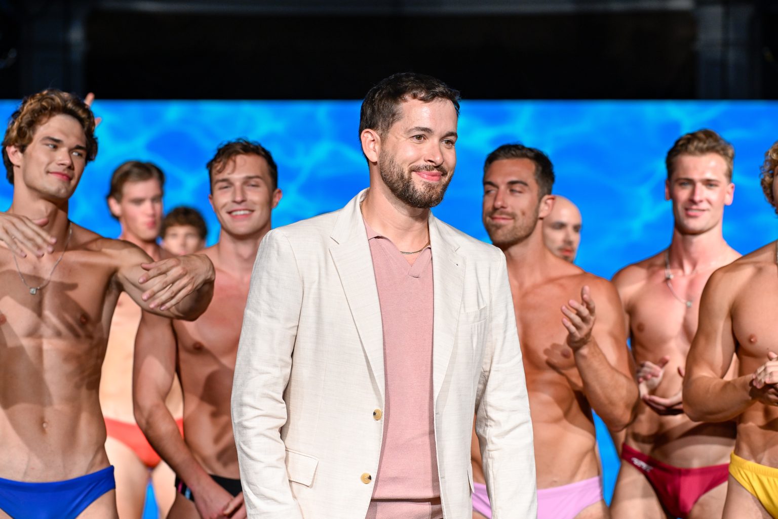 MIAMI BEACH, FLORIDA - MAY 30: Designer and models walks the runway at the Coyote Jocks show during Miami Swim Week Powered By Art Hearts Fashion at Eden Roc Hotel on May 30, 2025 in Miami Beach, Florida. (Photo by Arun Nevader/Getty Images for Art Hearts Fashion)