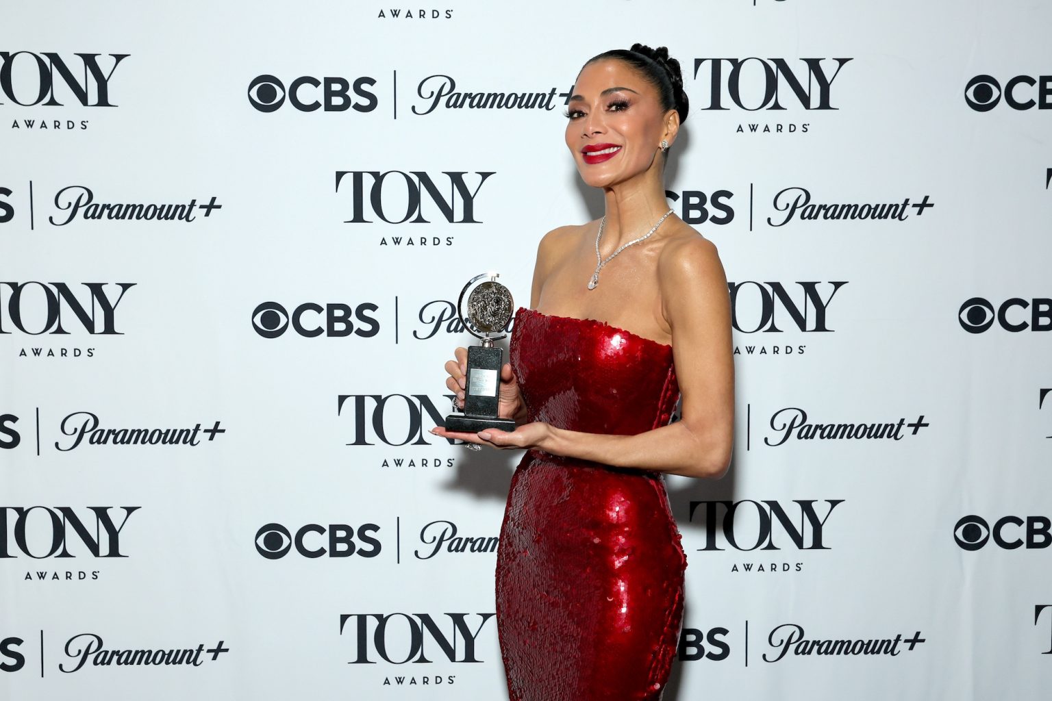 NEW YORK, NEW YORK - JUNE 08: Nicole Scherzinger poses with the Best Performance by an Actress in a Leading Role in a Musical award for "Sunset Blvd." during The 78th Annual Tony Awards at Radio City Music Hall on June 08, 2025 in New York City. (Photo by Jemal Countess/Getty Images for Tony Awards Productions)