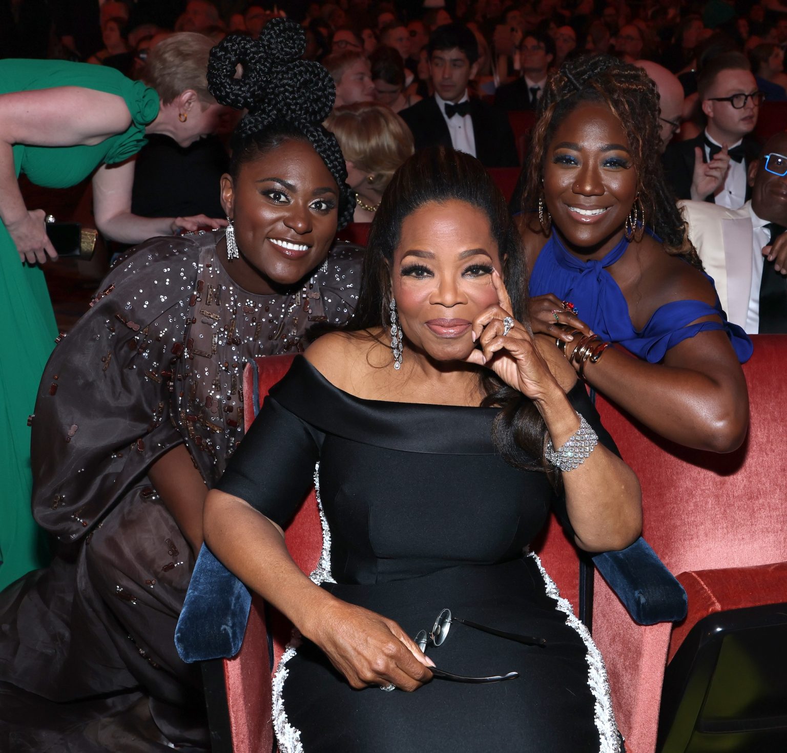 NEW YORK, NEW YORK - JUNE 08: (L-R) Danielle Brooks, Oprah Winfrey and Amber Iman attend The 78th Annual Tony Awards at Radio City Music Hall on June 08, 2025 in New York City. (Photo by Kevin Mazur/Getty Images for Tony Awards Productions)